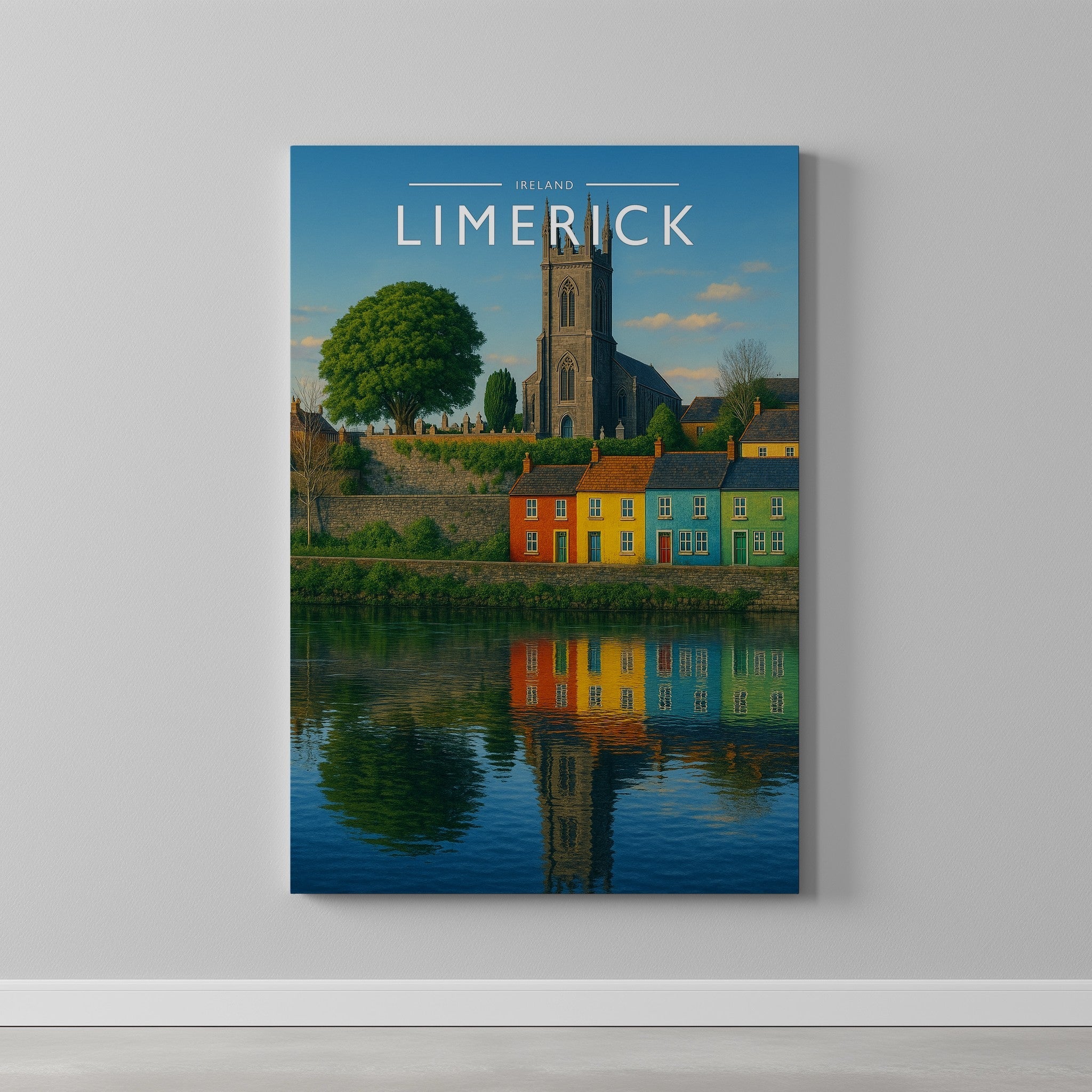 Limerick #3 Travel Poster as a gallery-wrapped canvas on a plain wall