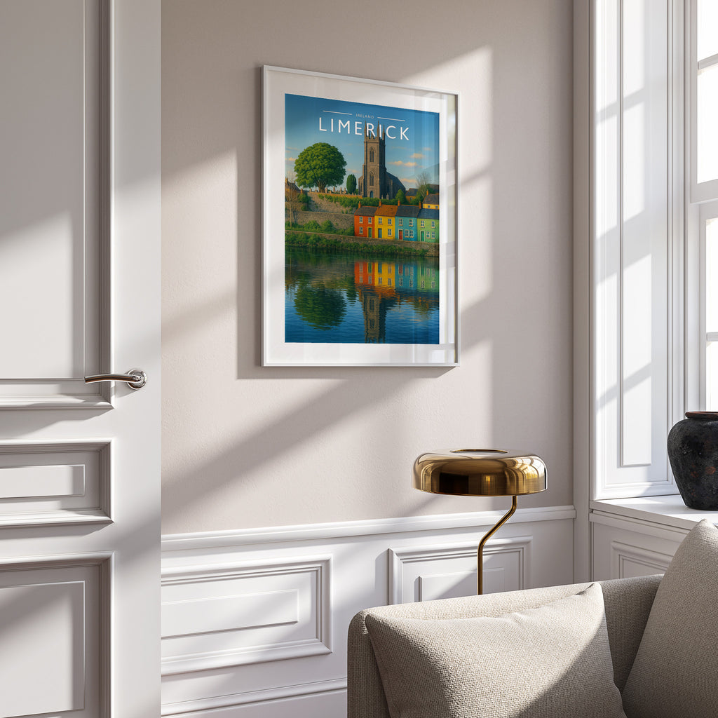 Limerick #3 Travel Poster in a white frame on a panelled wall