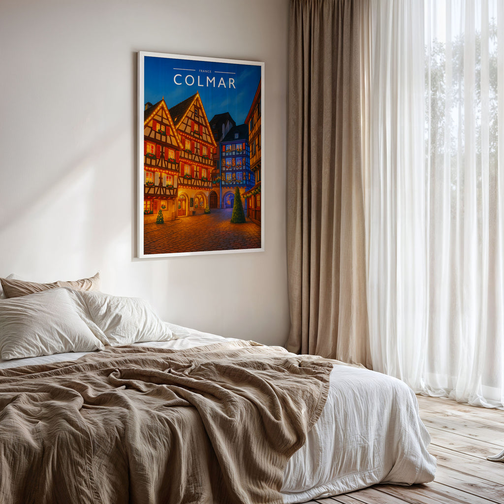 Colmar Travel Poster framed on a bedroom wall