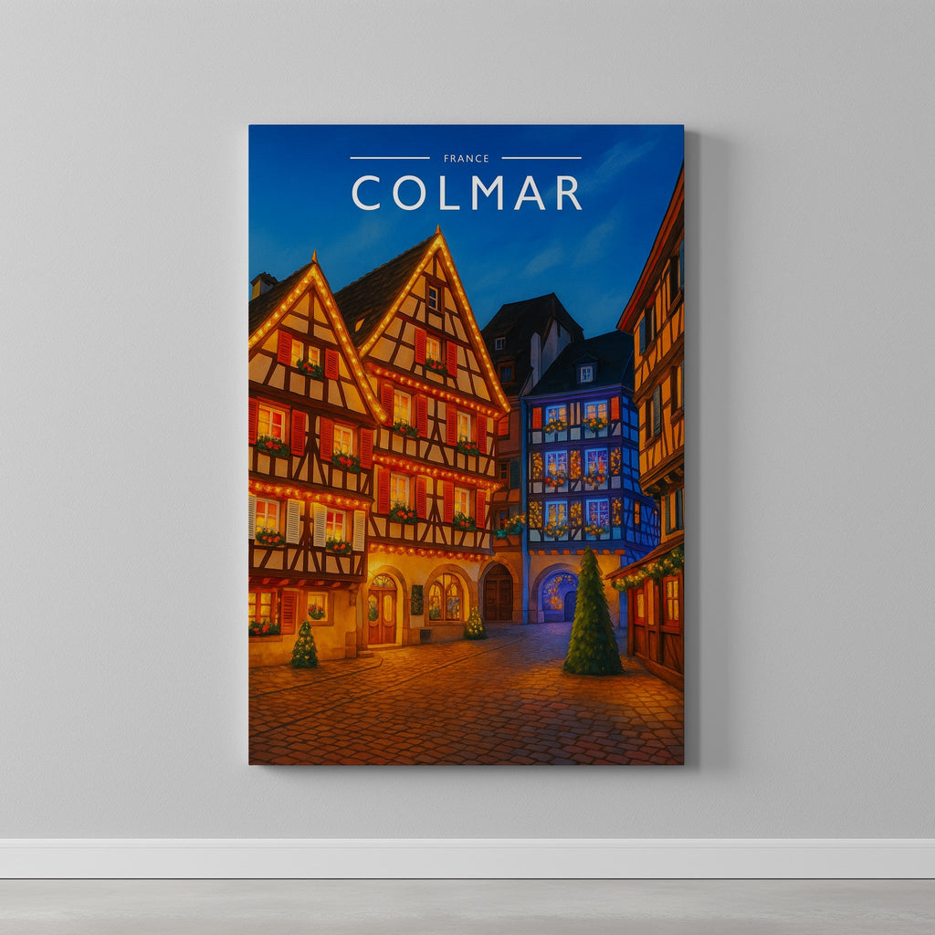 Colmar Travel Poster as a gallery-wrapped canvas on a plain wall