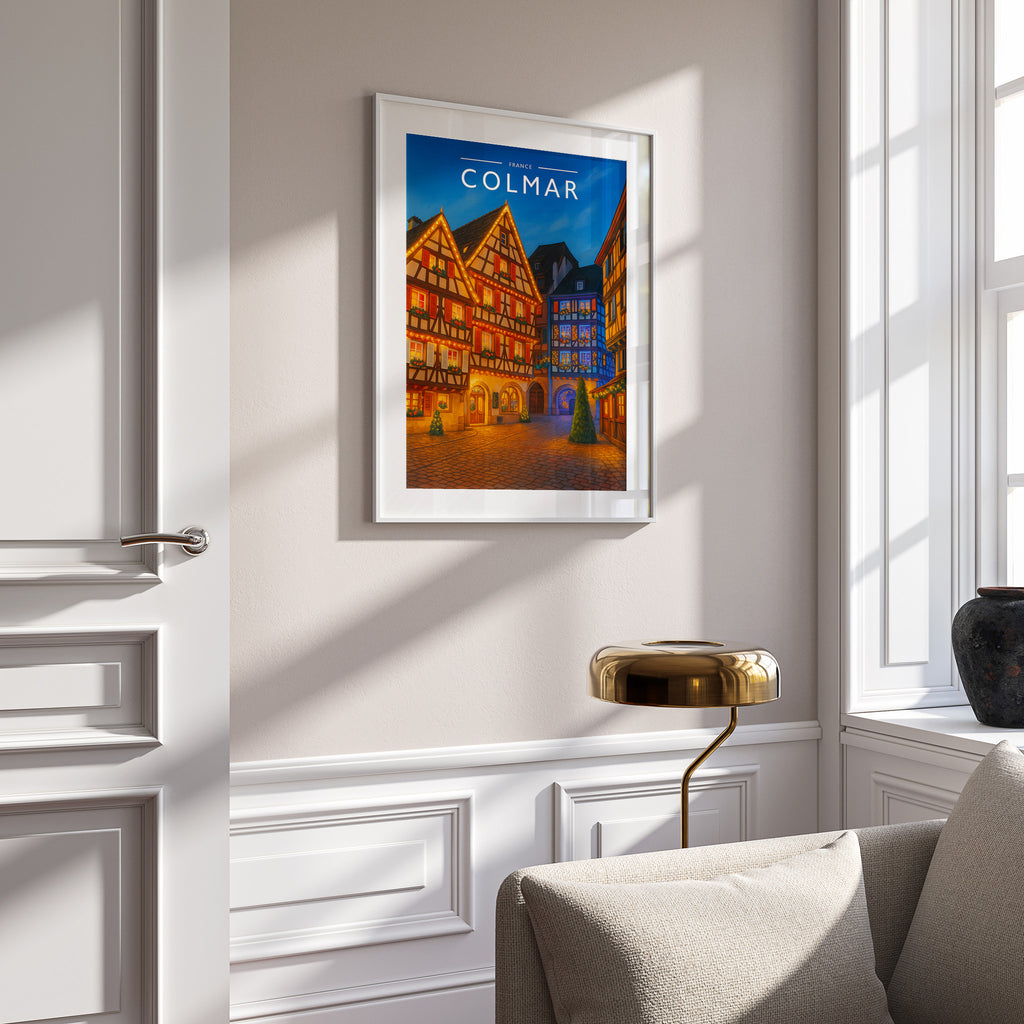 Colmar Travel Poster in a white frame on a panelled wall