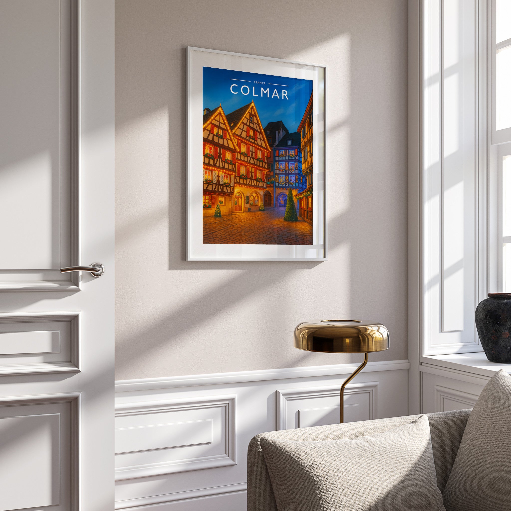 Colmar Travel Poster in a white frame on a panelled wall
