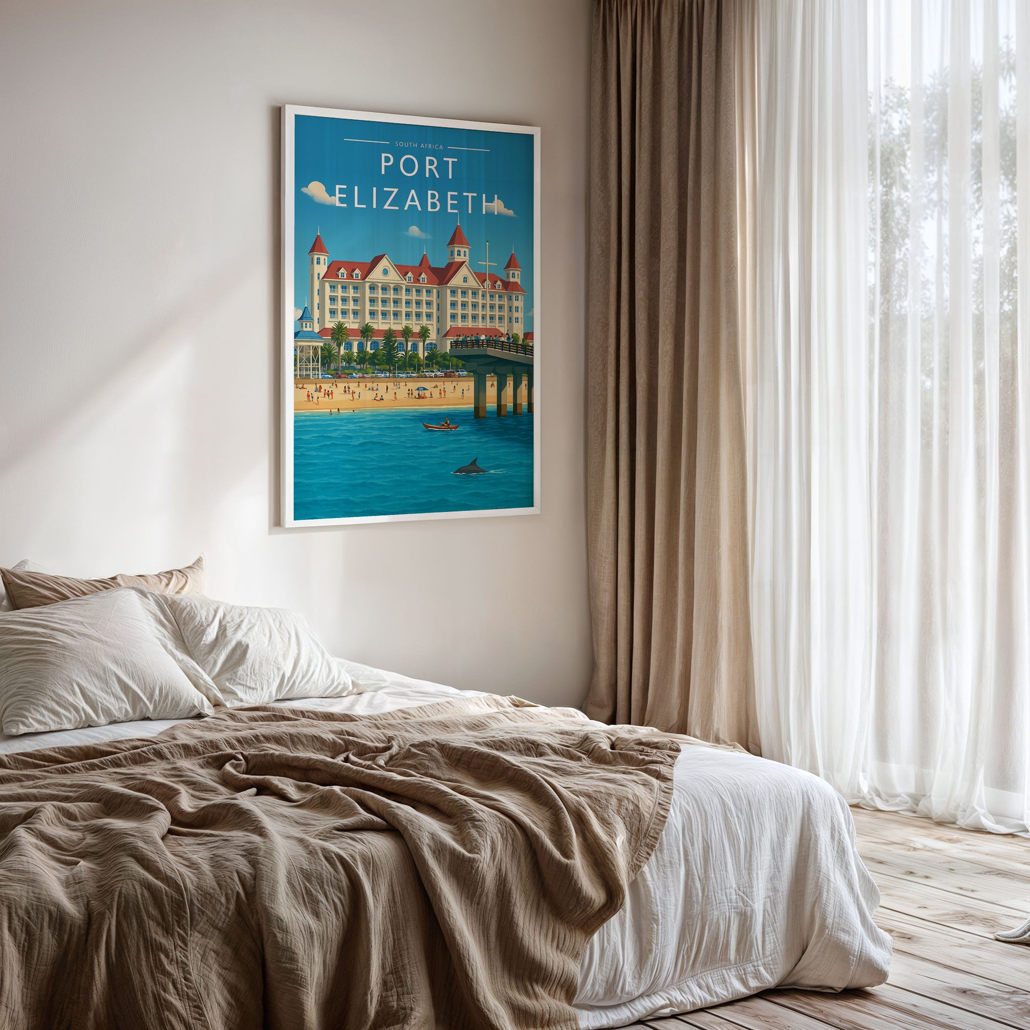 Port Elizabeth Travel Poster framed on a bedroom wall