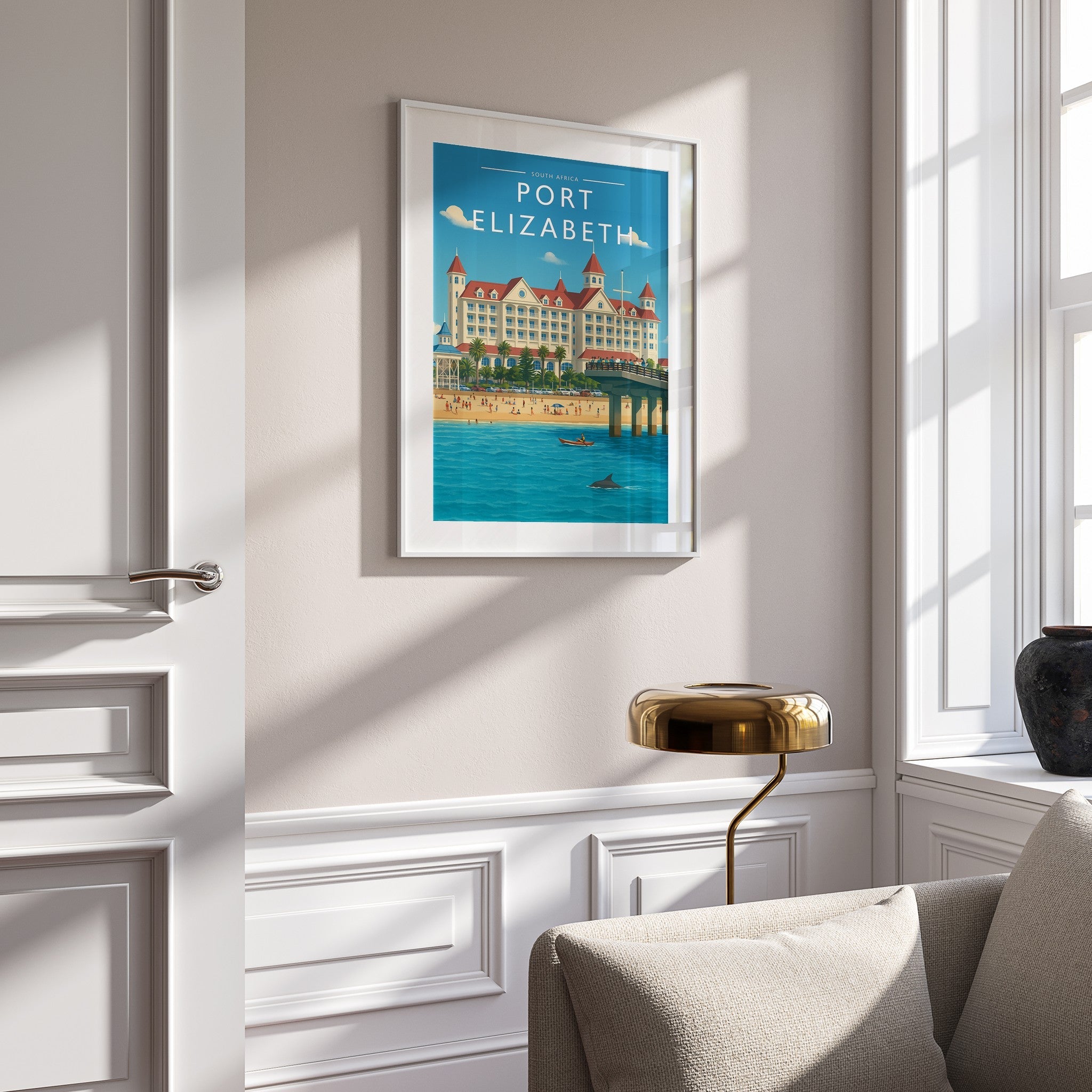 Port Elizabeth Travel Poster mounted in a white frame