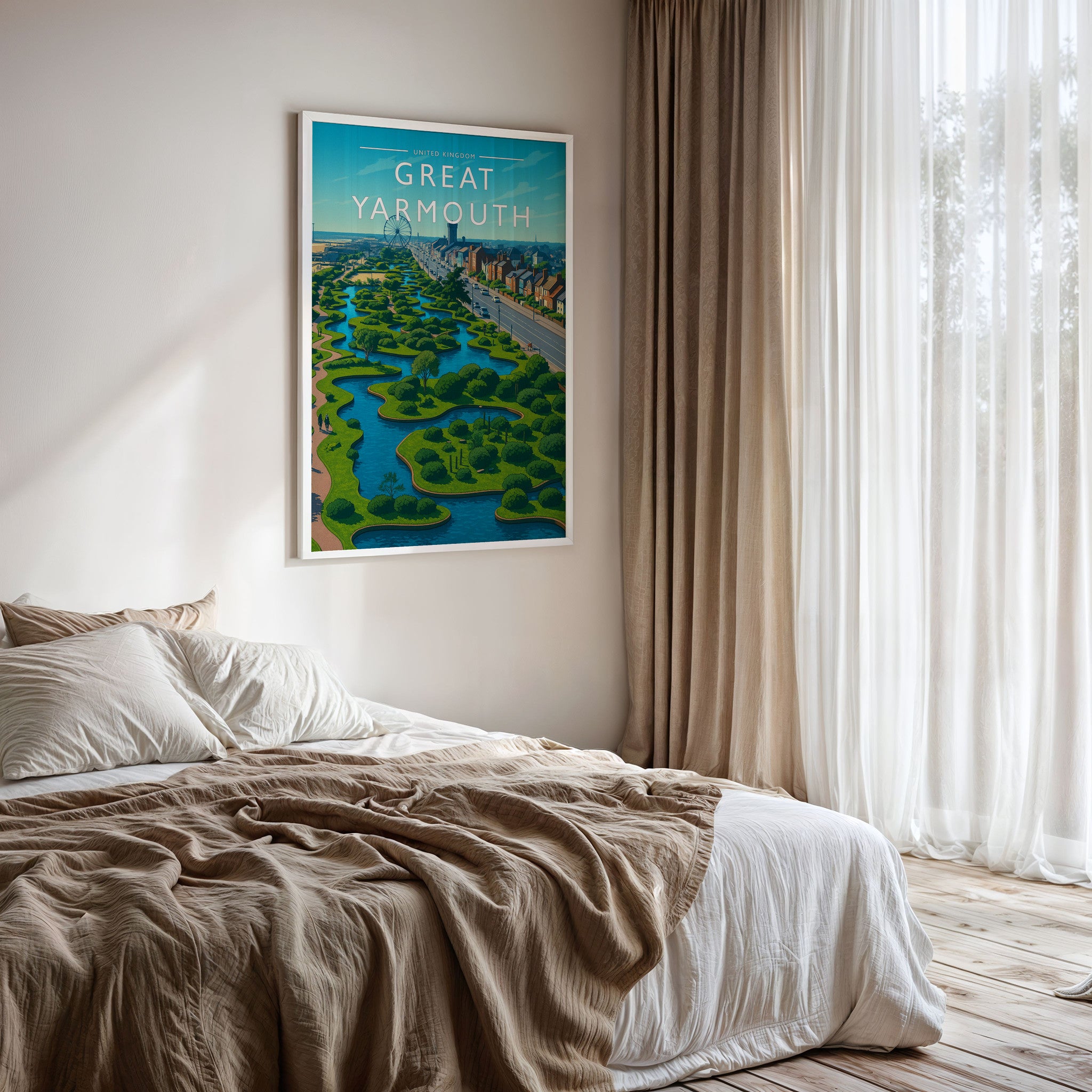 Great Yarmouth Travel Poster framed on a bedroom wall
