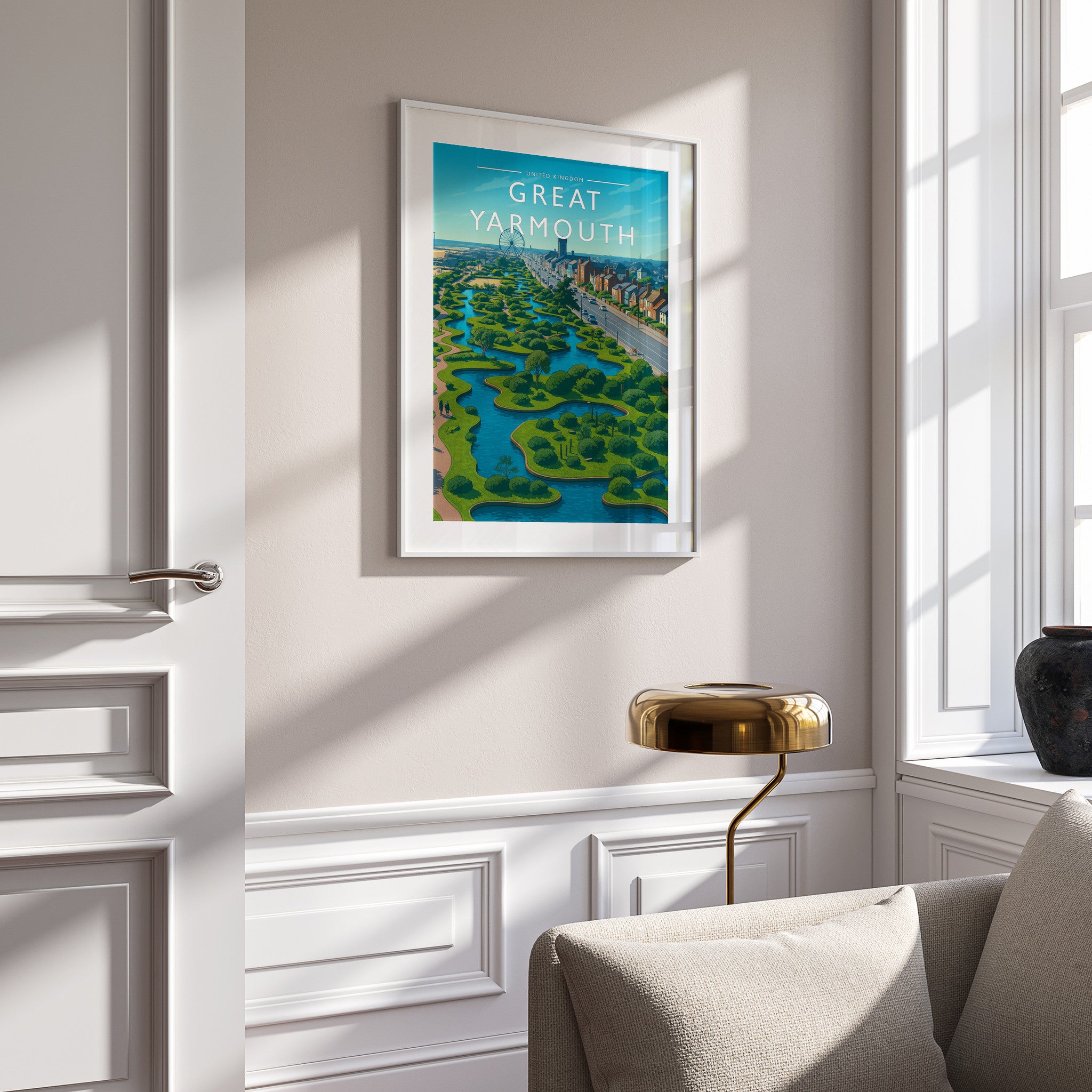 Great Yarmouth Travel Poster in a white frame on a panelled wall