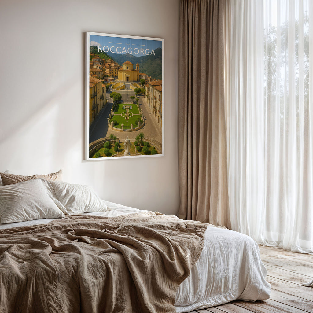 Roccagorga Travel Poster framed on a bedroom wall