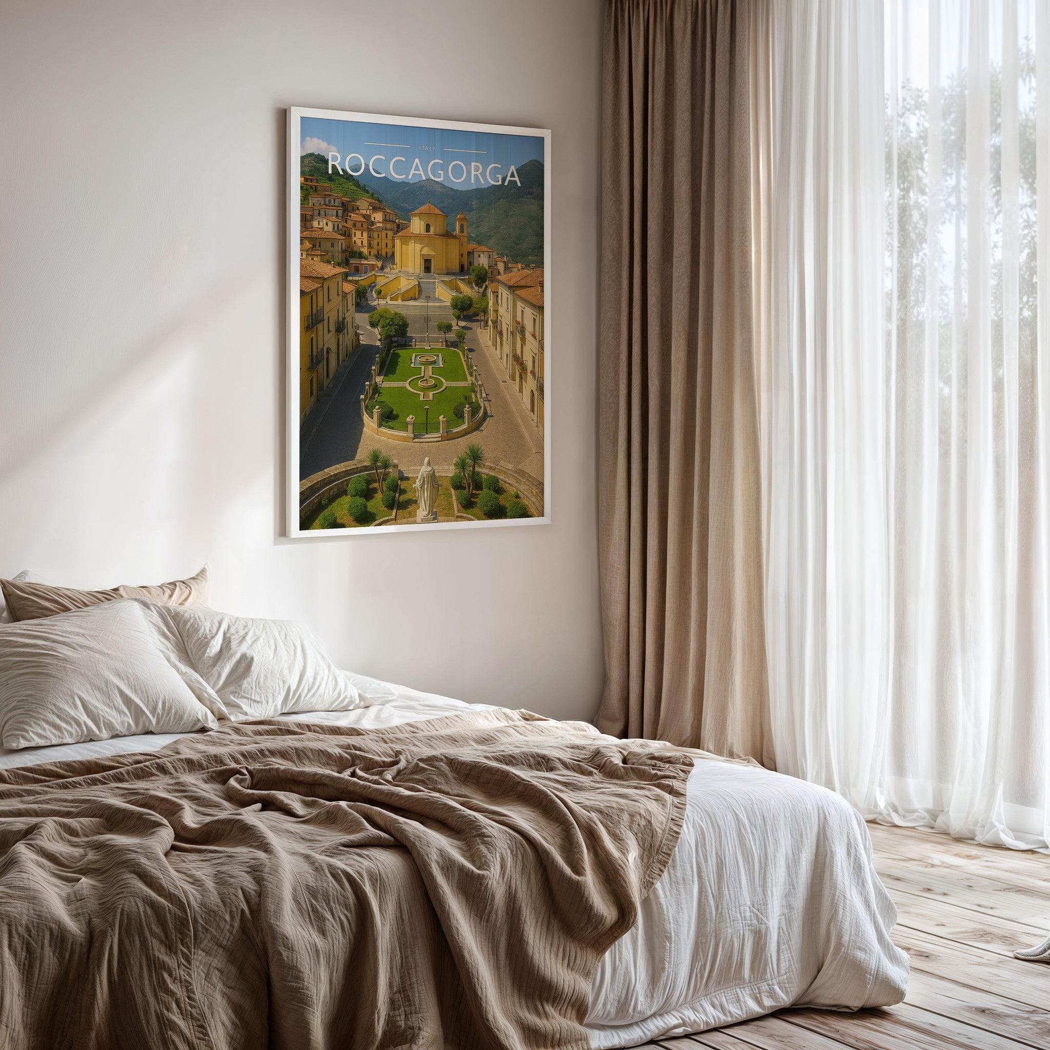 Roccagorga Travel Poster framed on a bedroom wall
