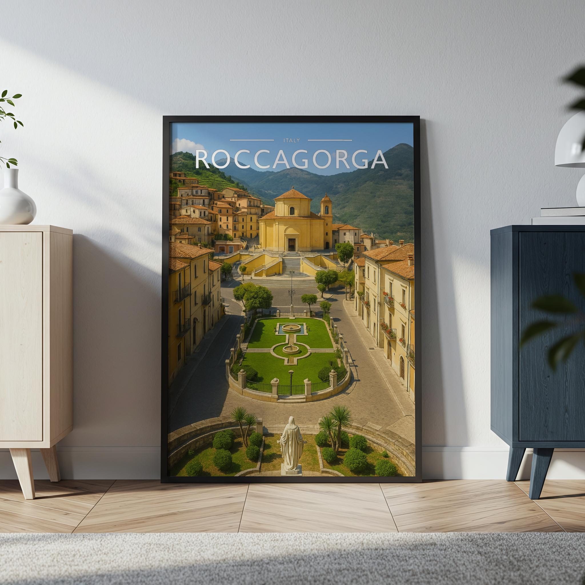 Roccagorga Travel Poster in a black frame