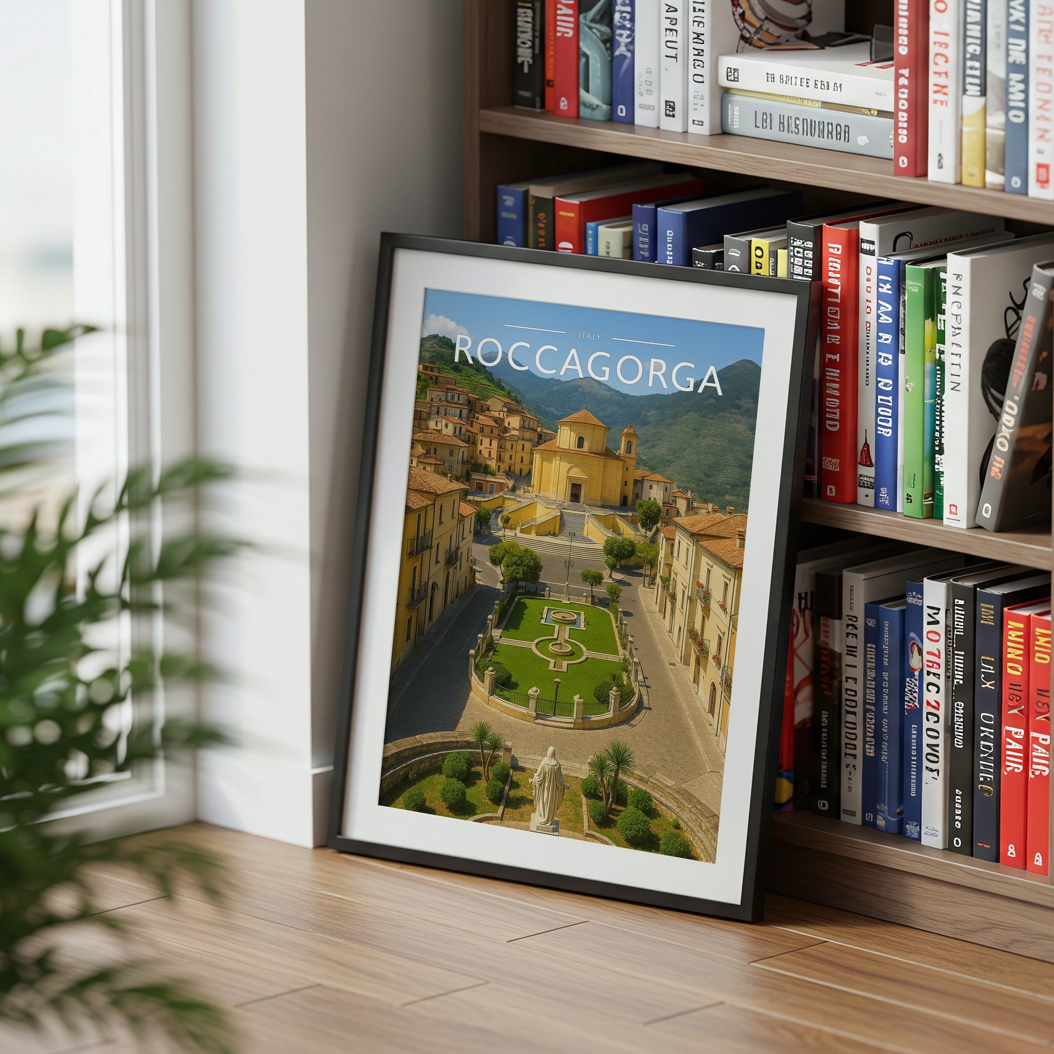 Roccagorga Travel Poster mounted in a black frame