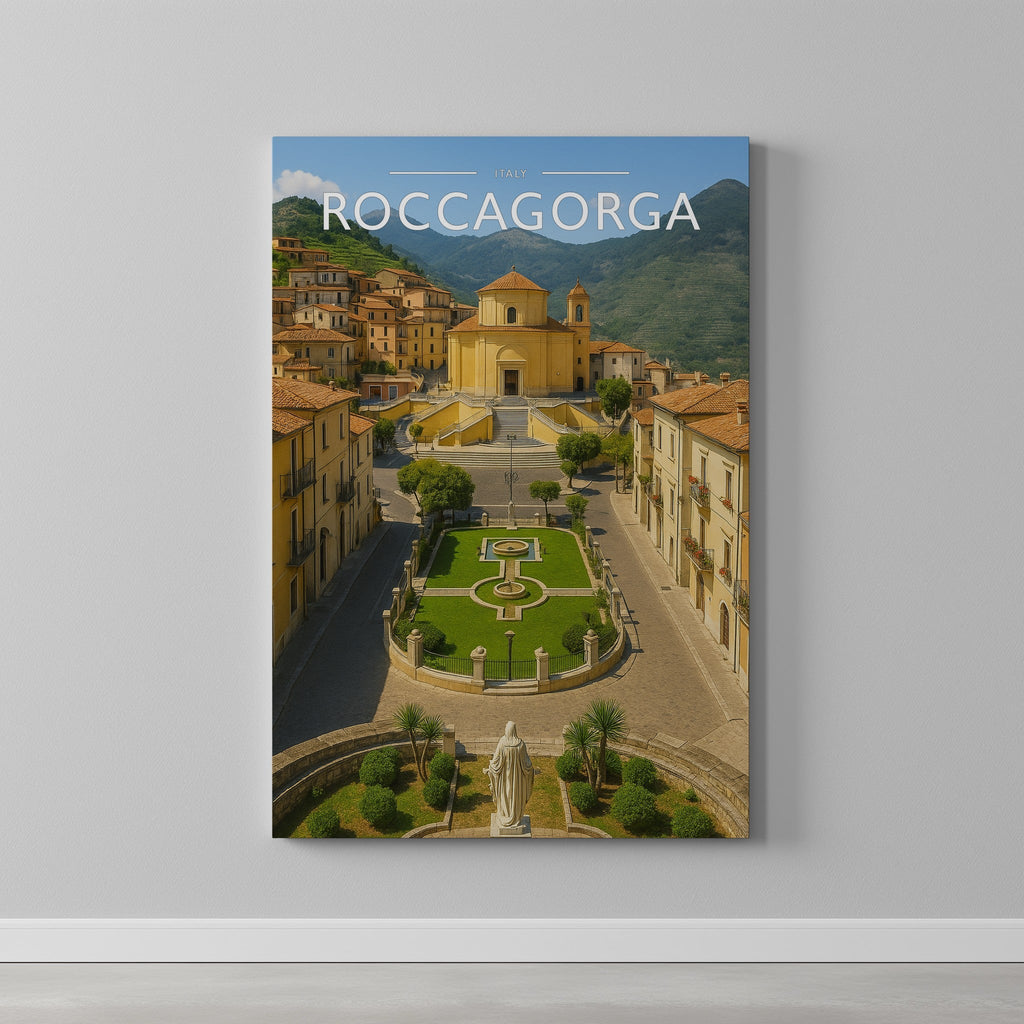Roccagorga Travel Poster as a gallery-wrapped canvas on a plain wall