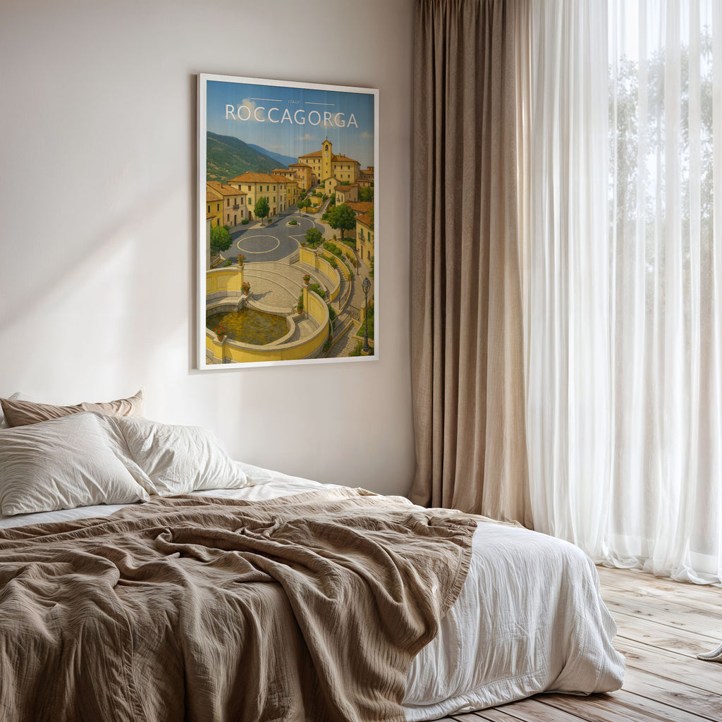 Roccagorga #2 Travel Poster framed on a bedroom wall