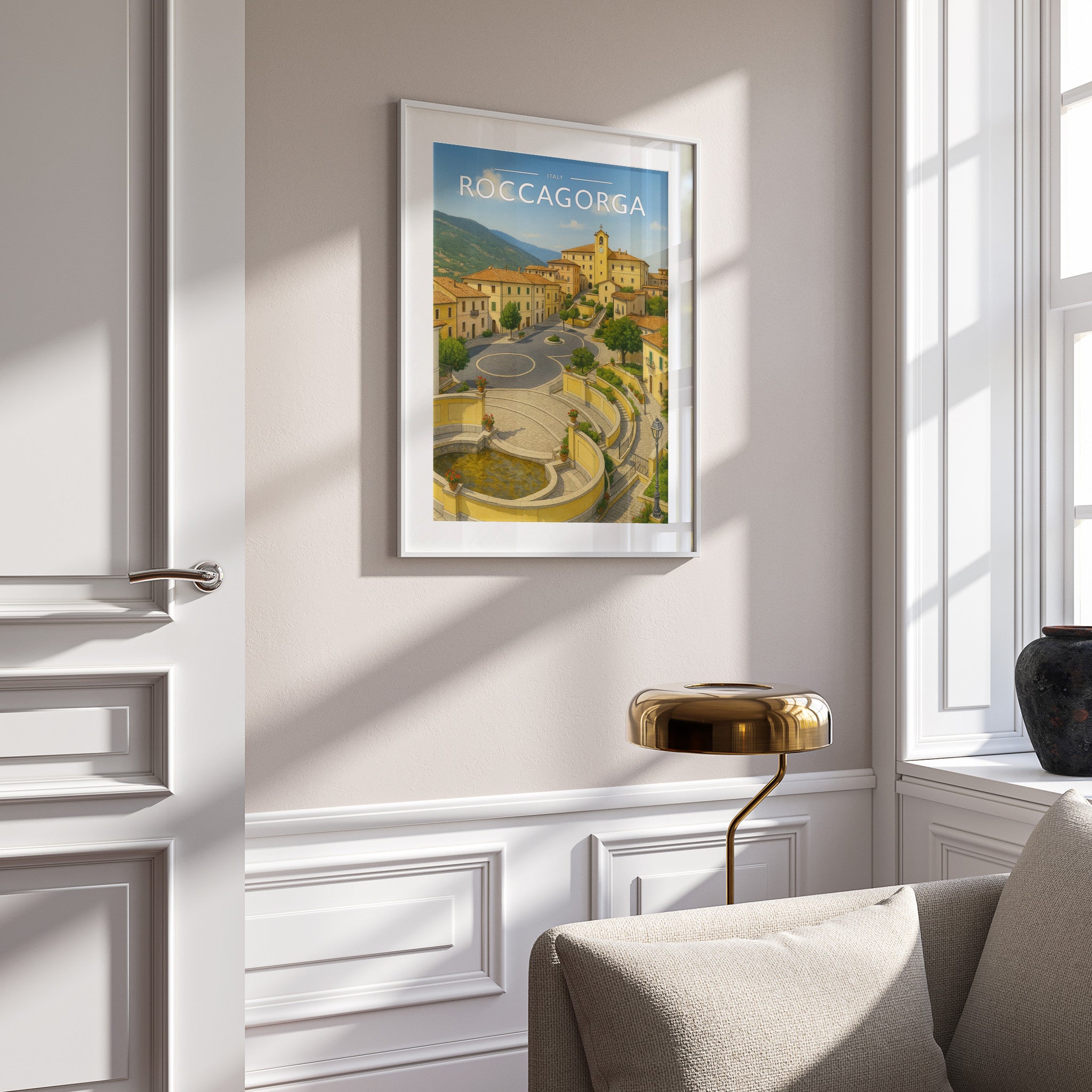 Roccagorga #2 Travel Poster in a white frame on a panelled wall