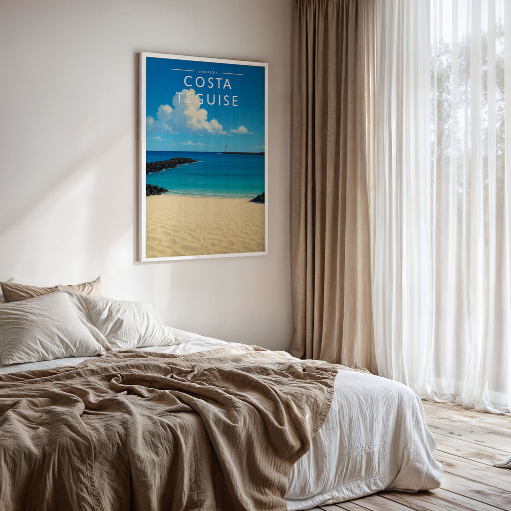Costa Teguise Travel Poster framed on a bedroom wall