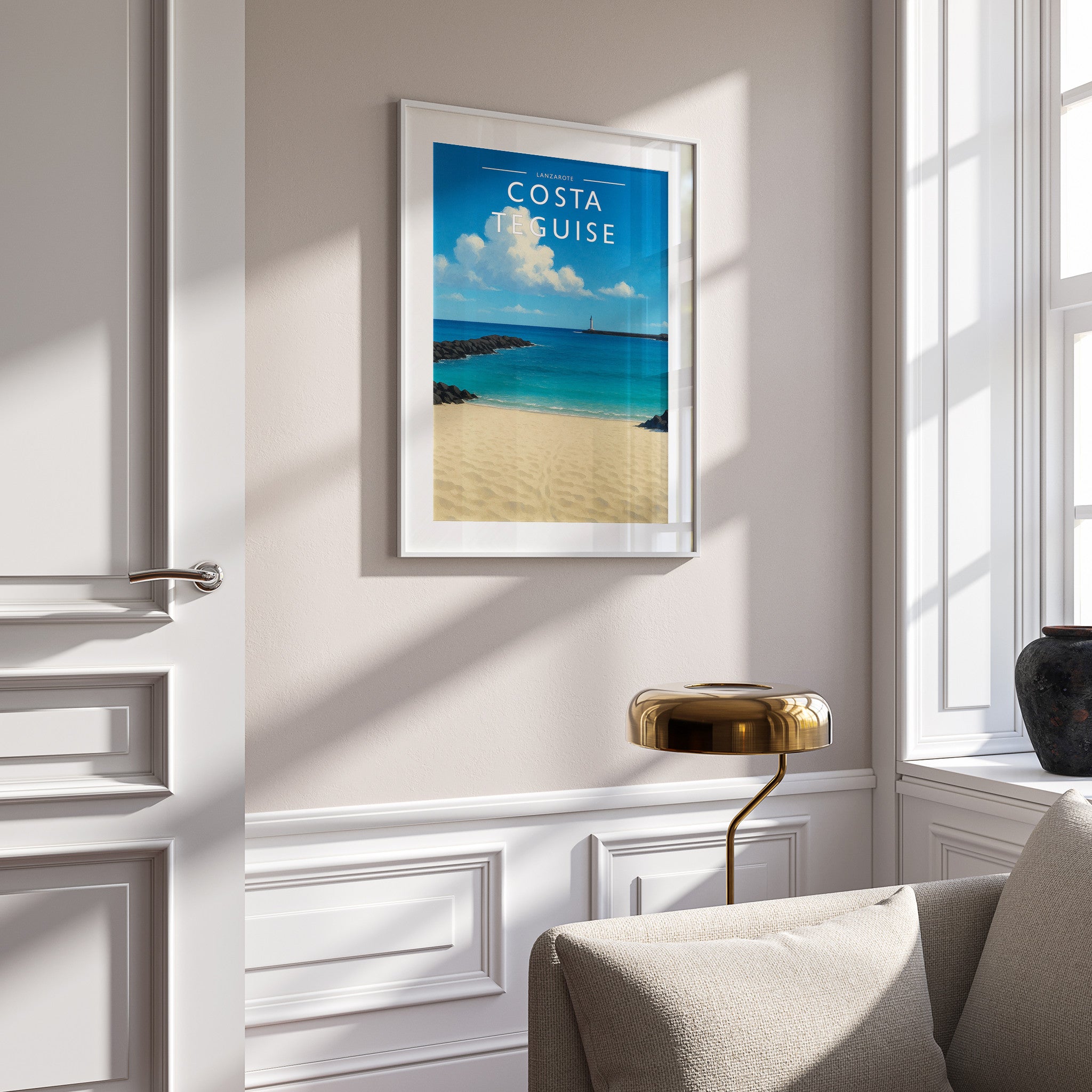 Costa Teguise Travel Poster in a white frame on a panelled wall