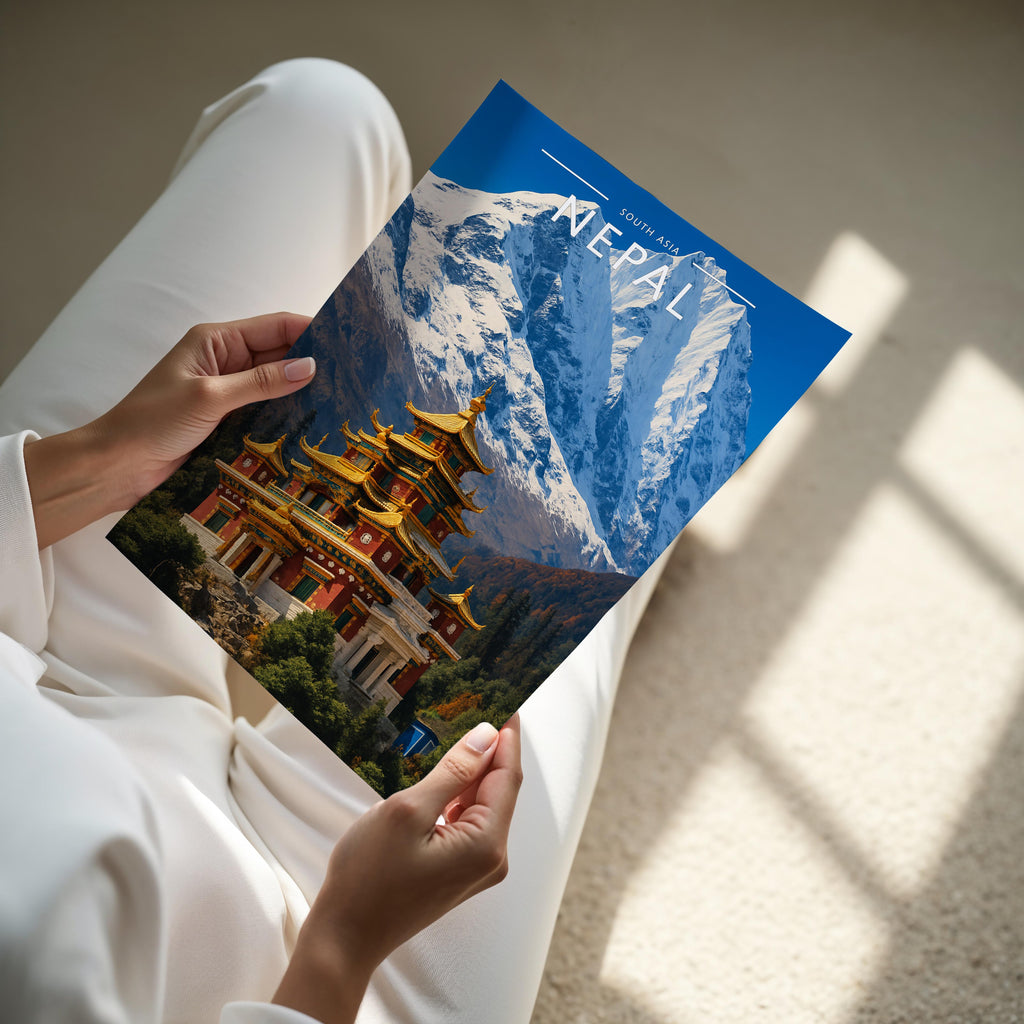 Nepal Travel Poster - A4 print held in hand