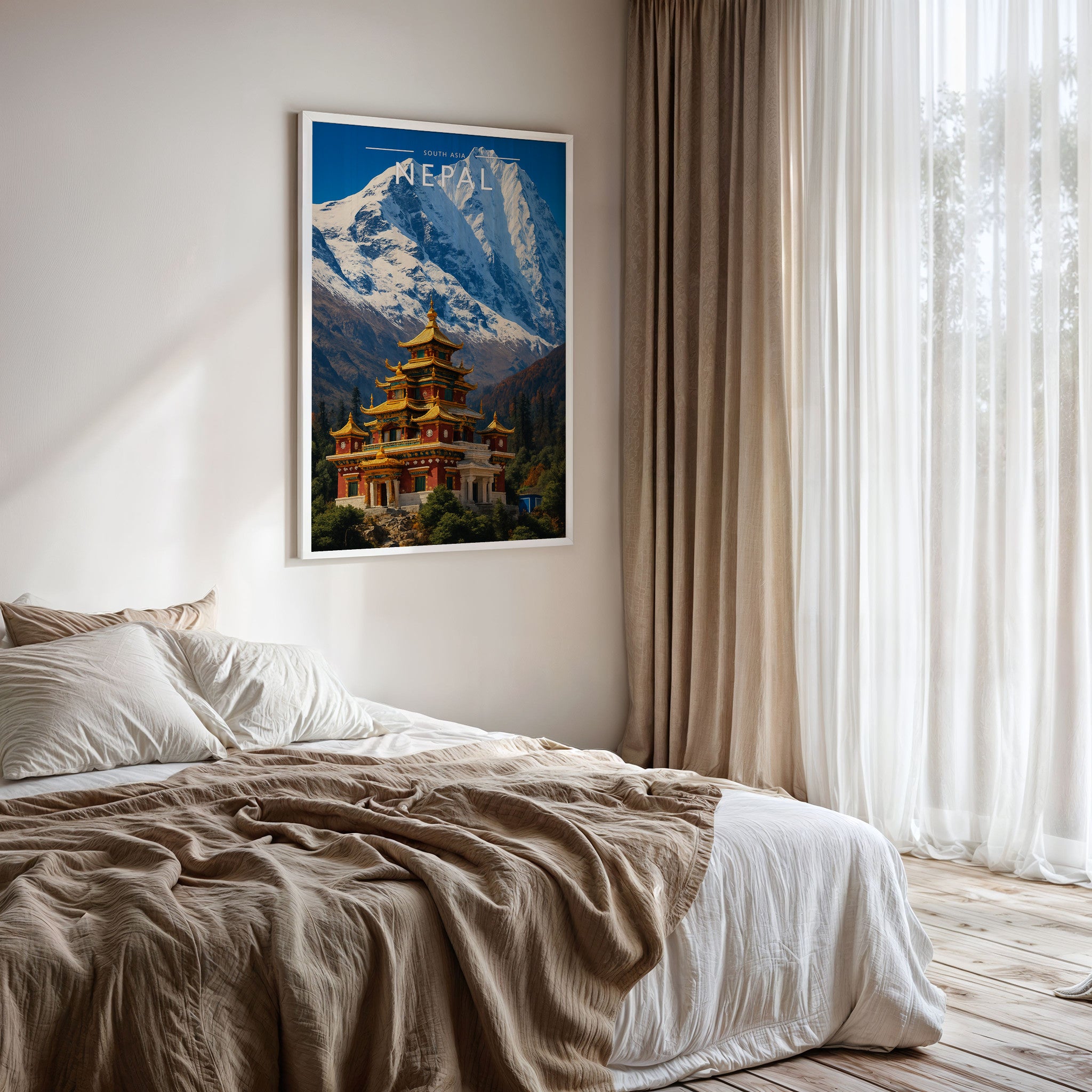 Nepal Travel Poster framed on a bedroom wall