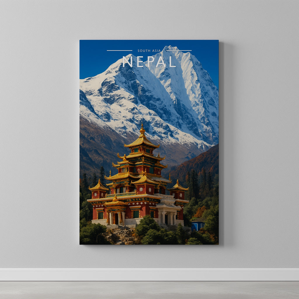 Nepal Travel Poster as a gallery-wrapped canvas on a plain wall