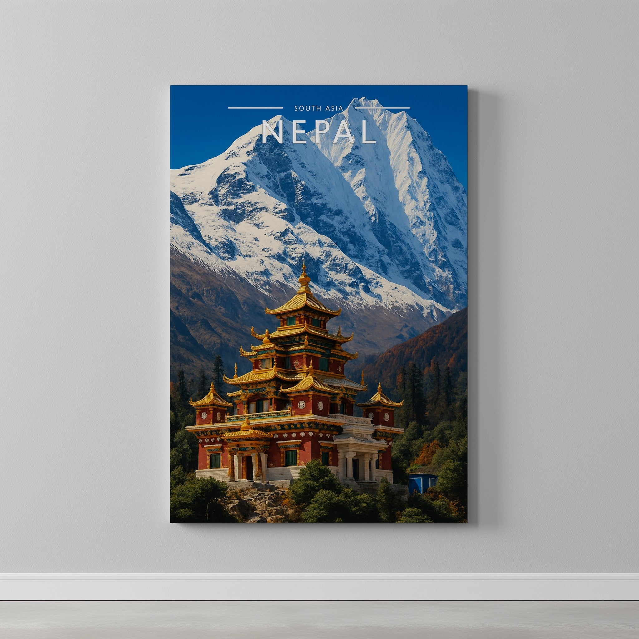 Nepal Travel Poster as a gallery-wrapped canvas on a plain wall