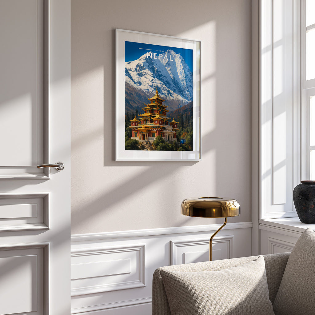 Nepal Travel Poster in a white frame on a panelled wall