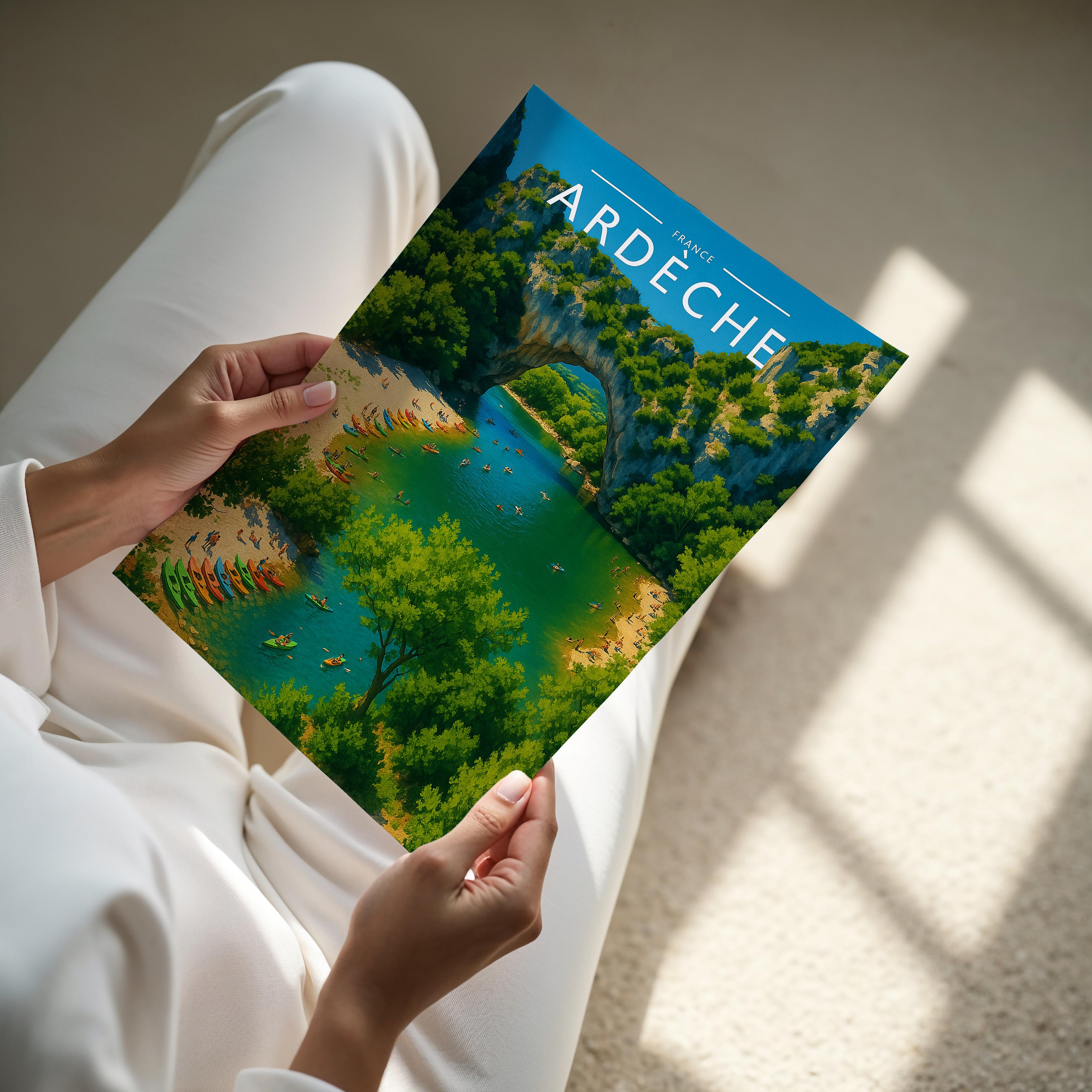 Ardèche Travel Poster - A4 print held in hand