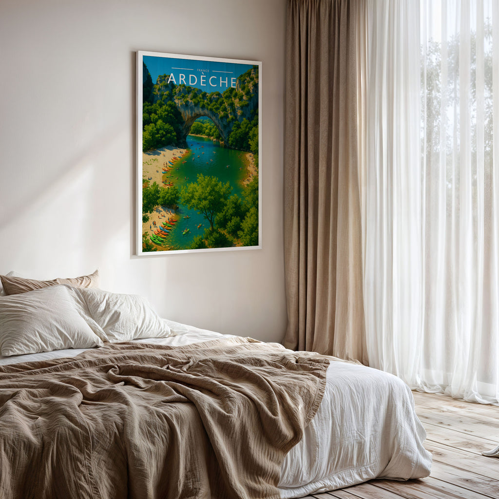 Ardèche Travel Poster framed on a bedroom wall