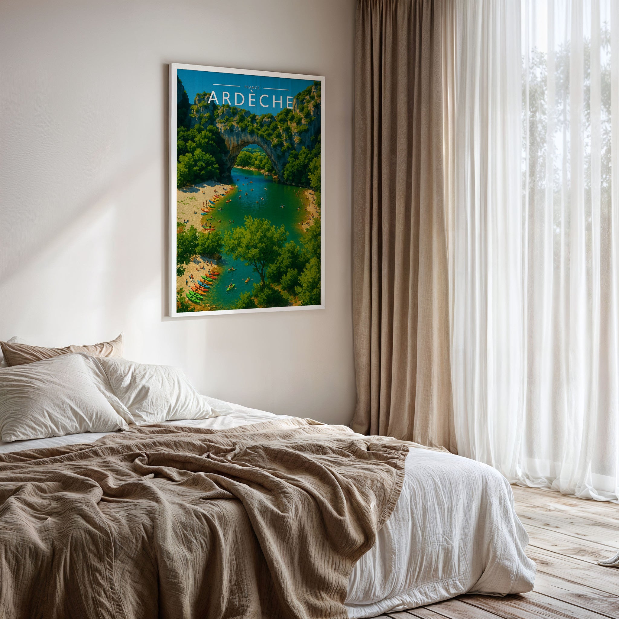 Ardèche Travel Poster framed on a bedroom wall