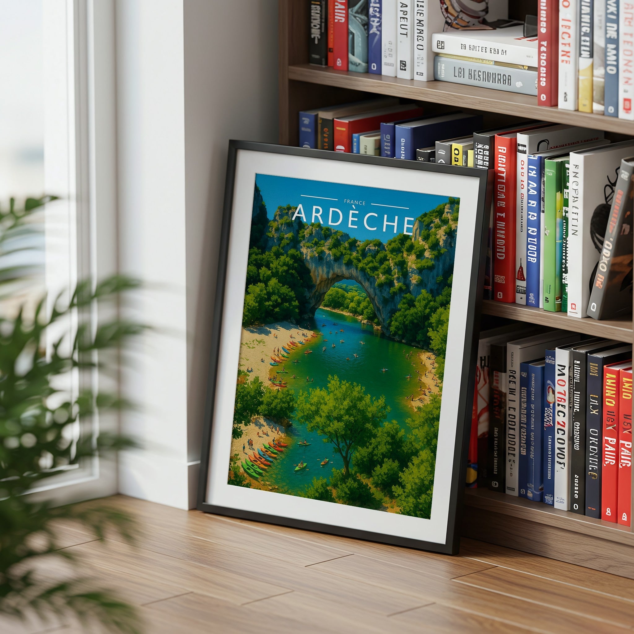 Ardèche Travel Poster mounted in a black frame