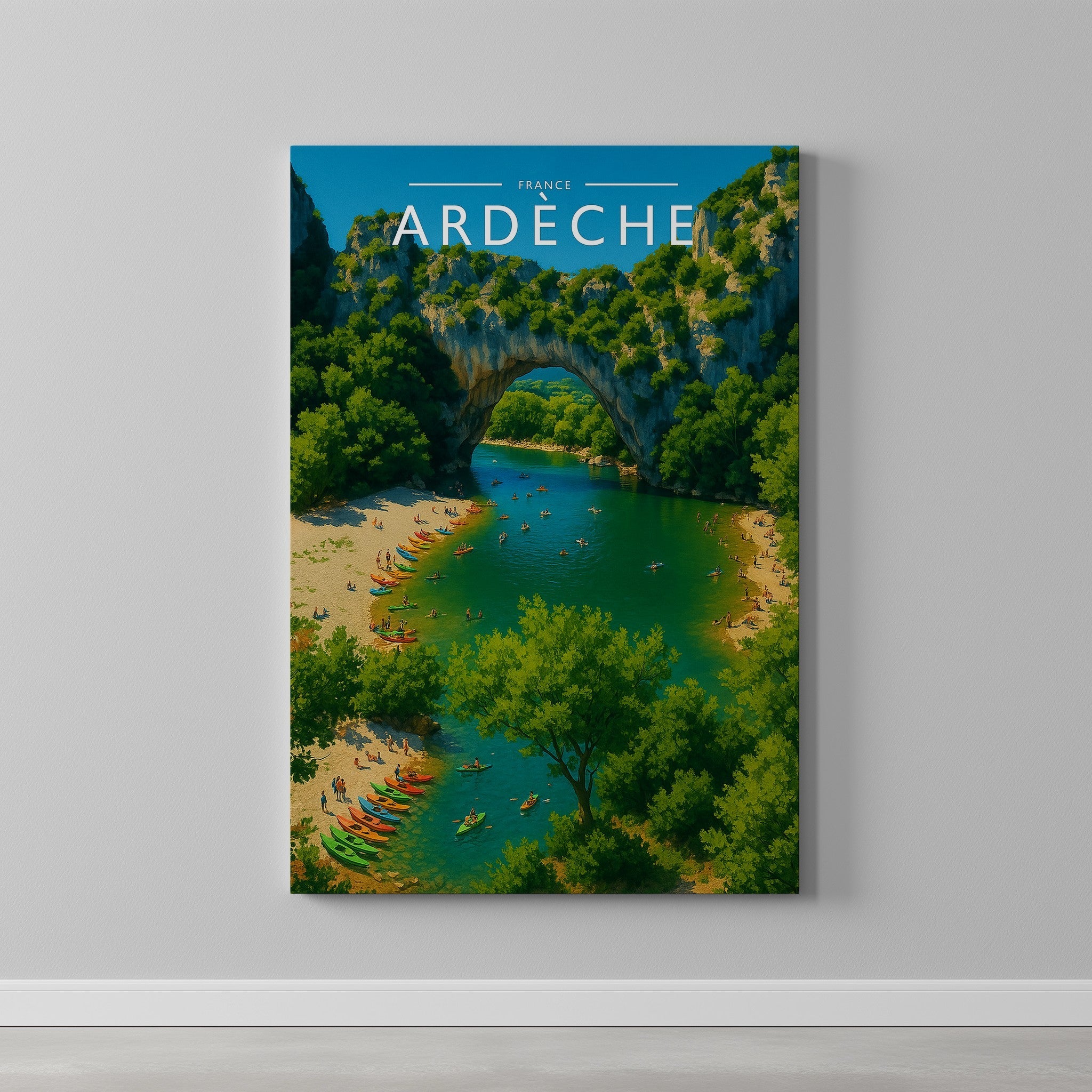 Ardèche Travel Poster as a gallery-wrapped canvas on a plain wall