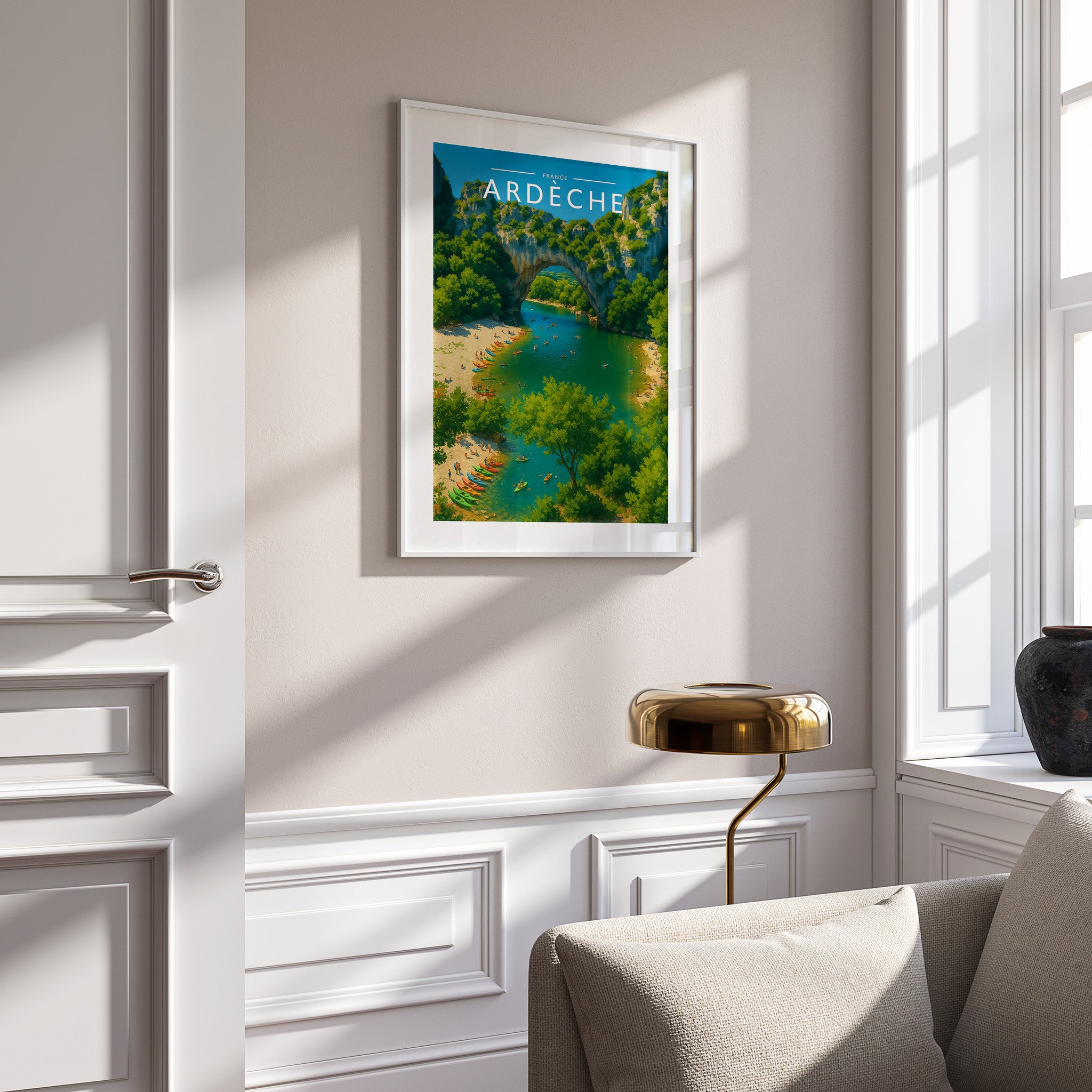 Ardèche Travel Poster in a white frame on a panelled wall