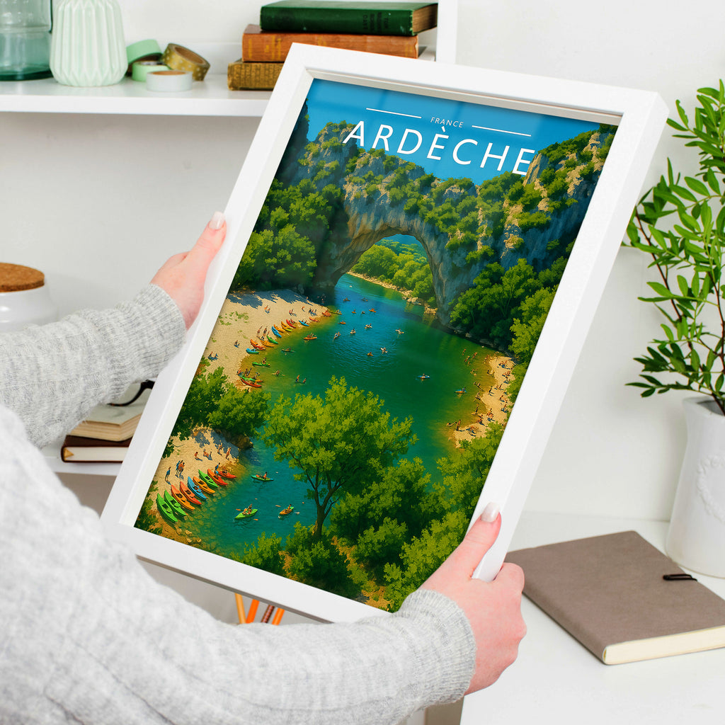 Ardèche Travel Poster in a white frame, held to show scale