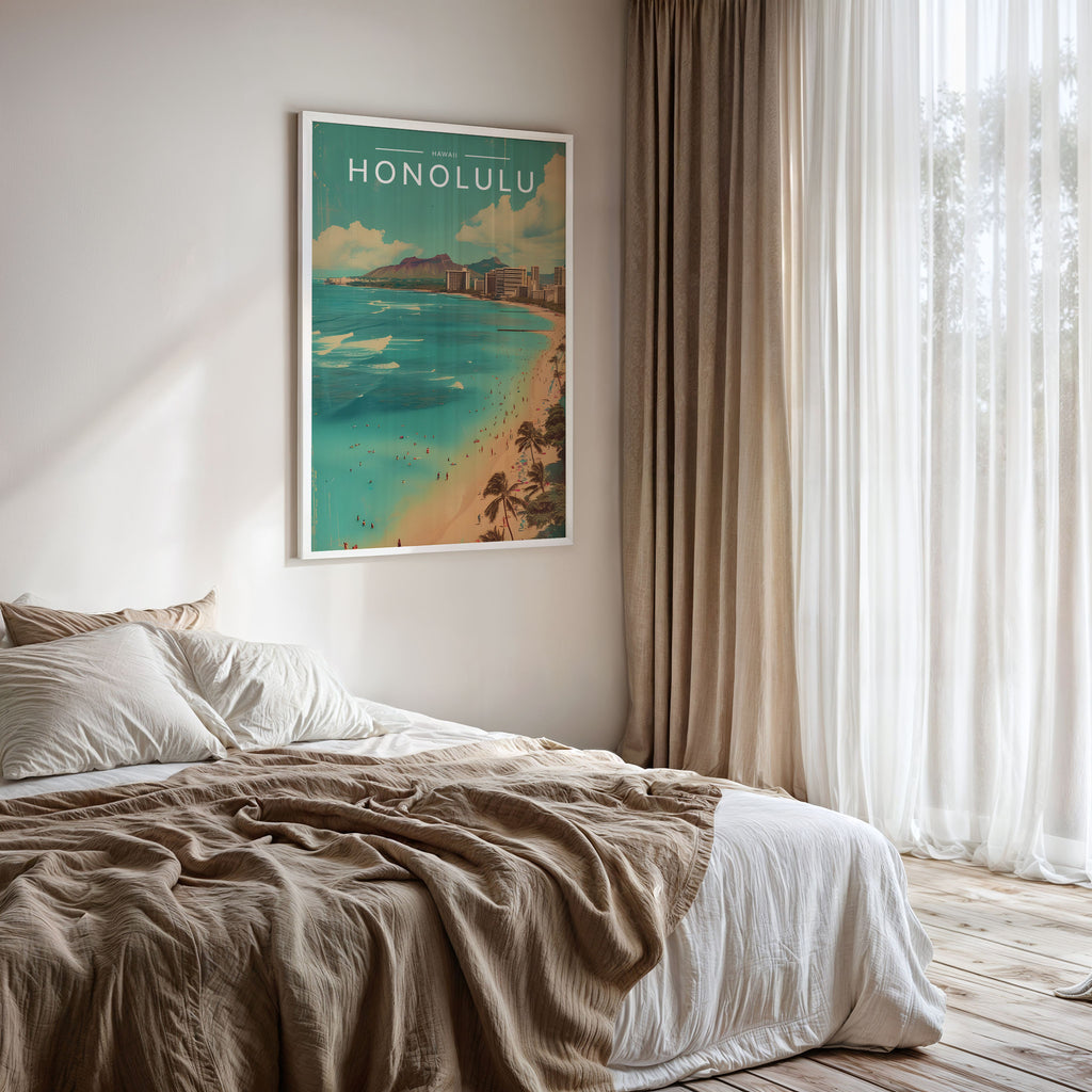 Honolulu Travel Poster framed on a bedroom wall
