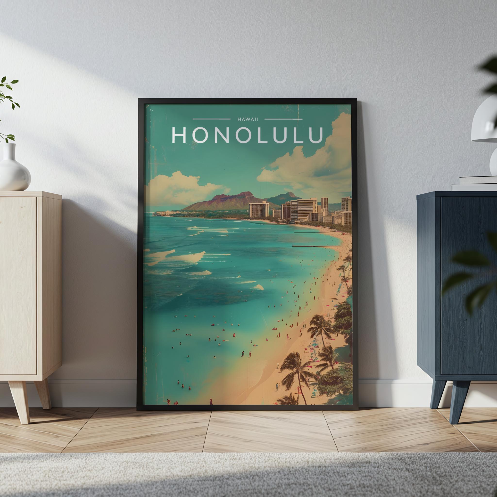 Honolulu Travel Poster in a black frame