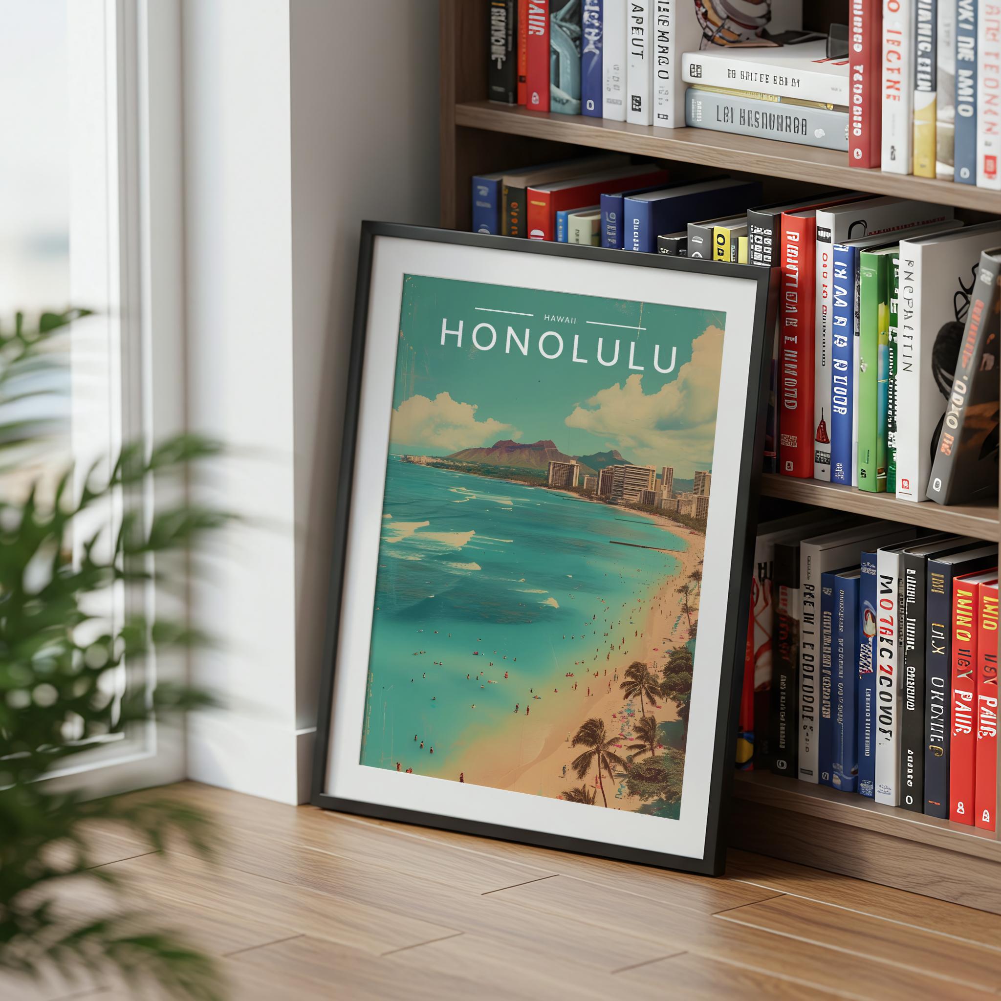 Honolulu Travel Poster mounted in a black frame