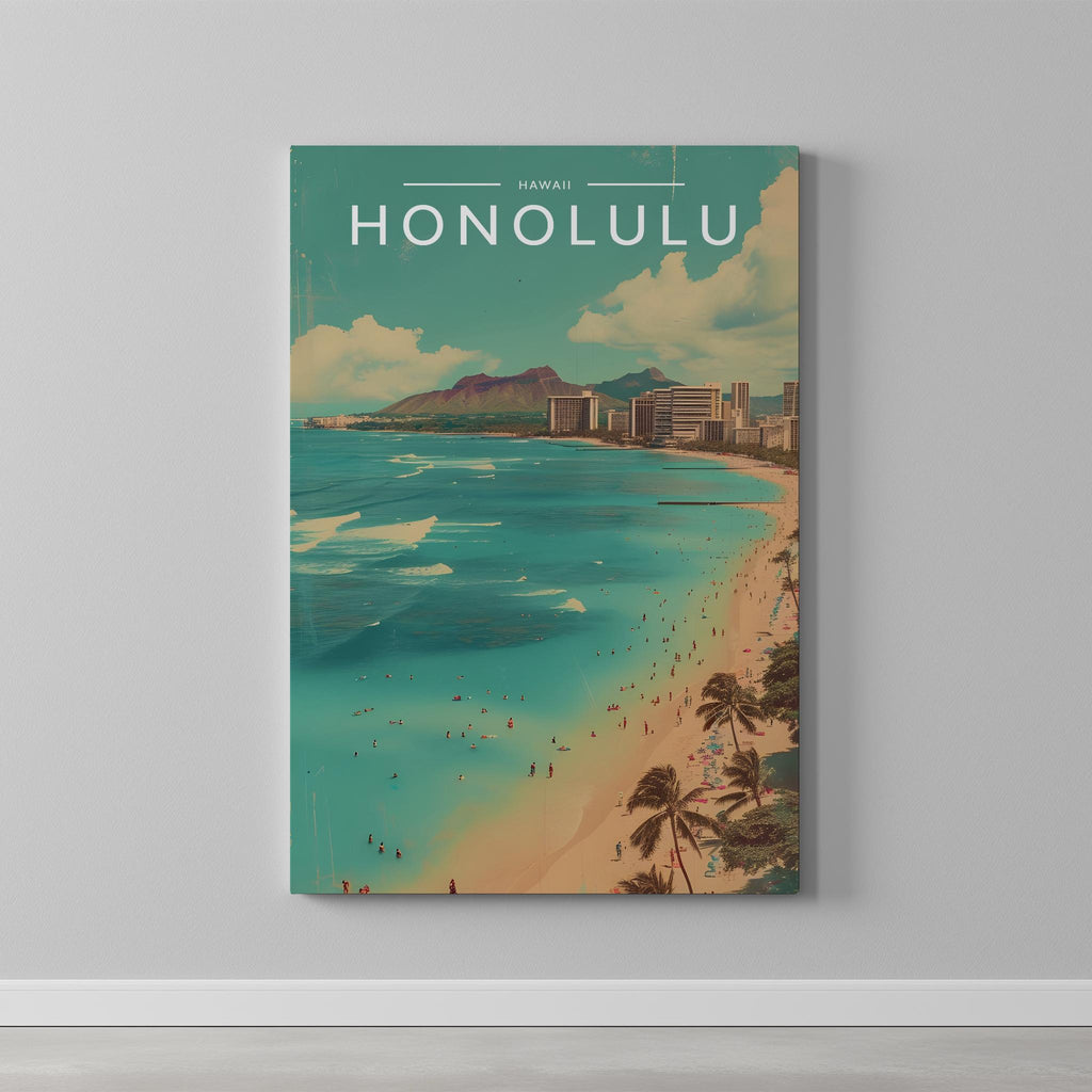Honolulu Travel Poster as a gallery-wrapped canvas on a plain wall
