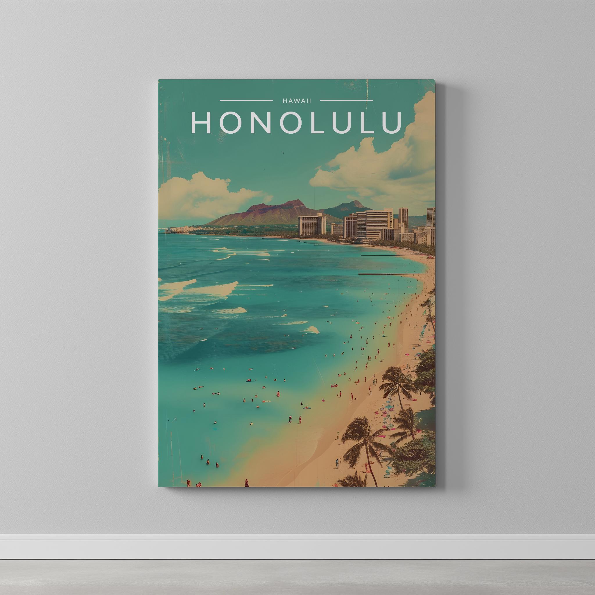Honolulu Travel Poster as a gallery-wrapped canvas on a plain wall