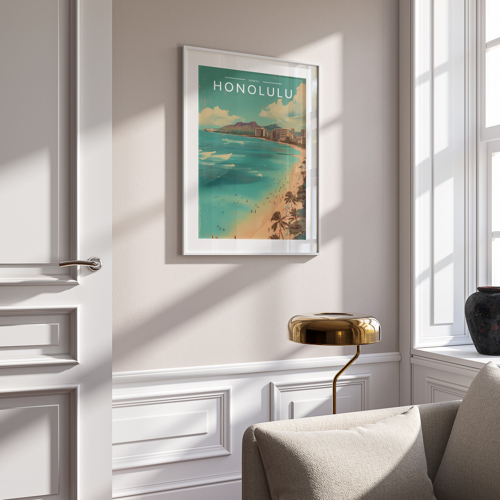 Honolulu Travel Poster in a white frame on a panelled wall