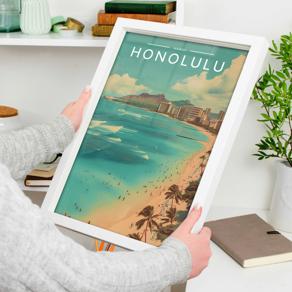 Honolulu Travel Poster in a white frame, held to show scale
