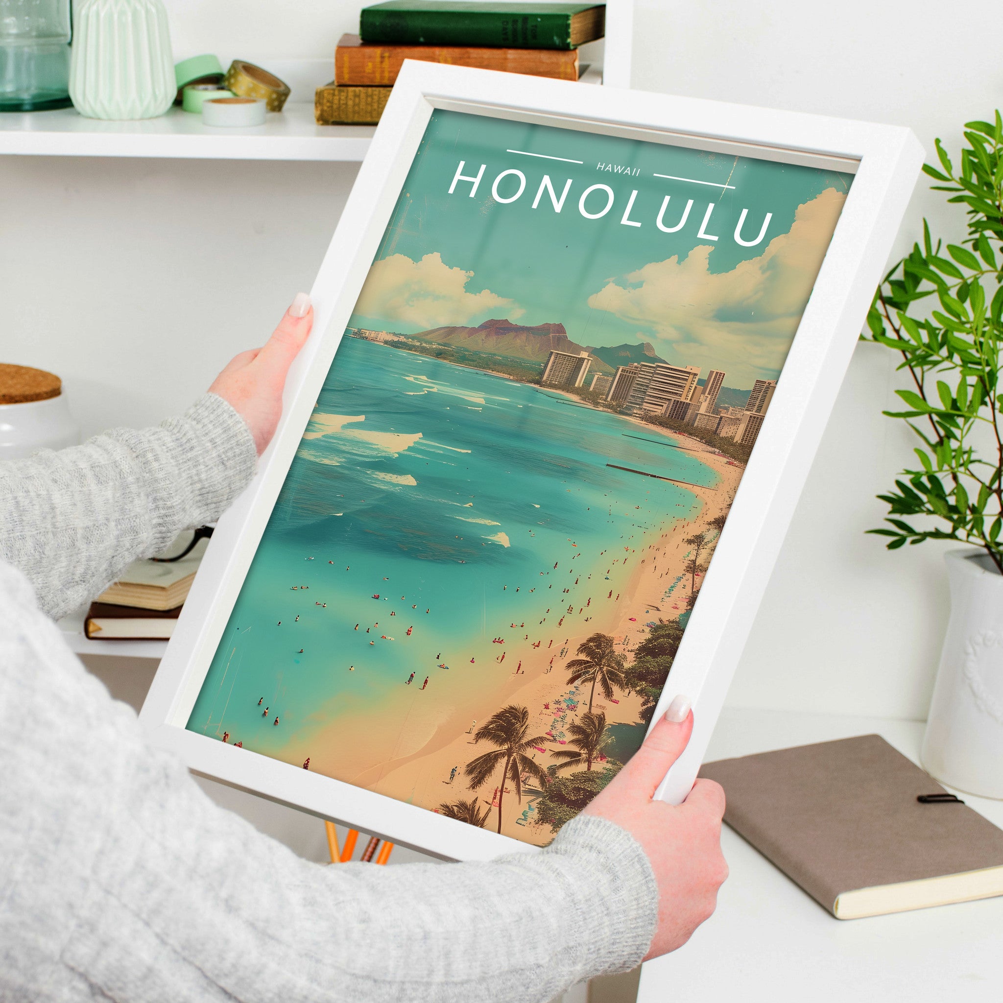 Honolulu Travel Poster in a white frame, held to show scale