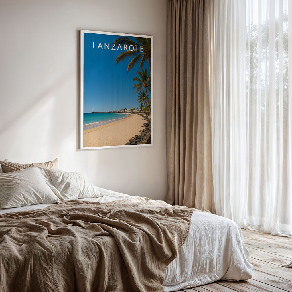Lanzarote Travel Poster framed on a bedroom wall