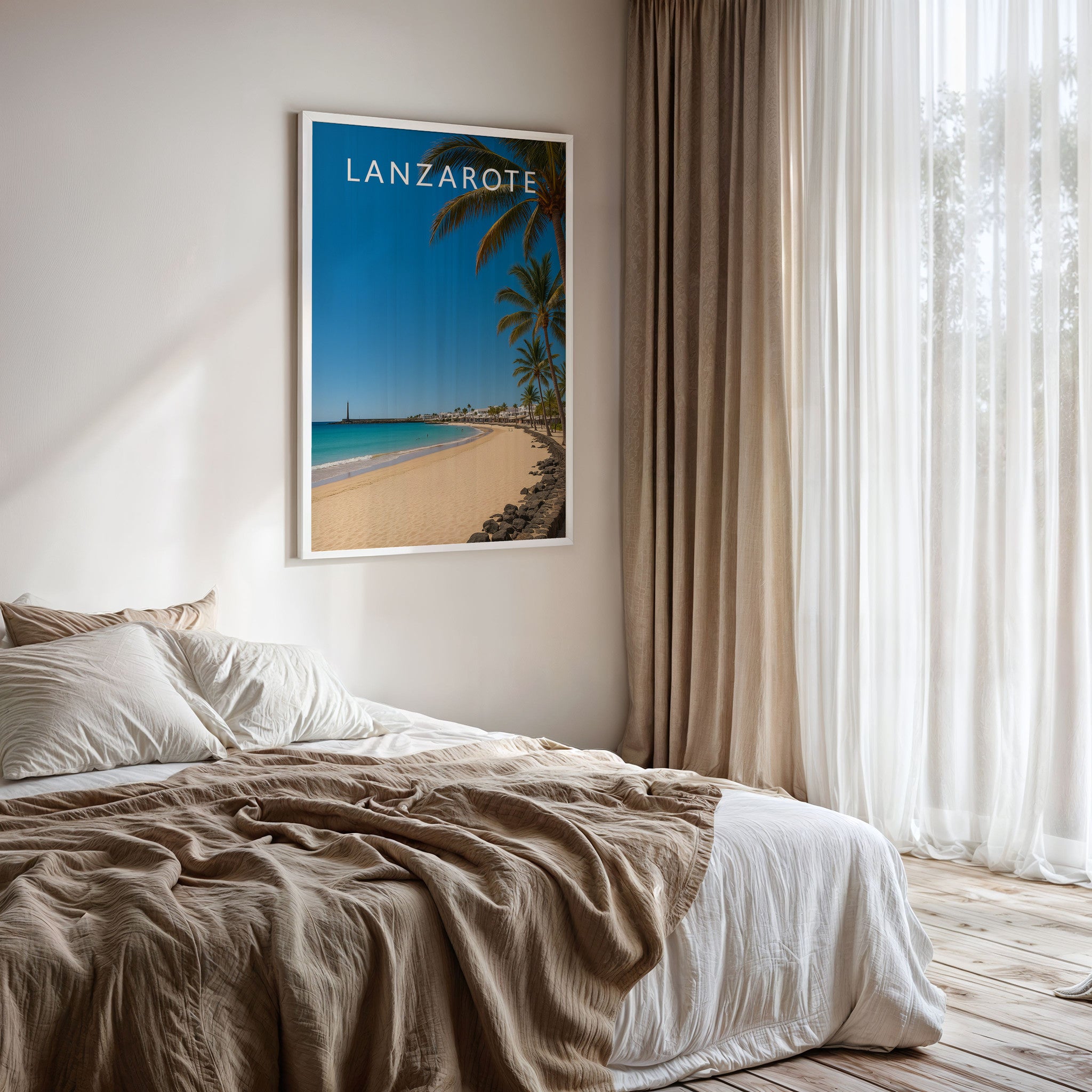 Lanzarote Travel Poster framed on a bedroom wall