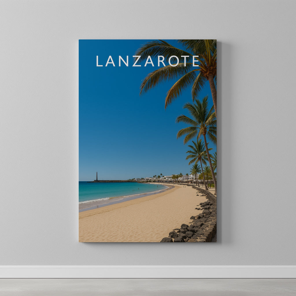 Lanzarote Travel Poster as a gallery-wrapped canvas on a plain wall