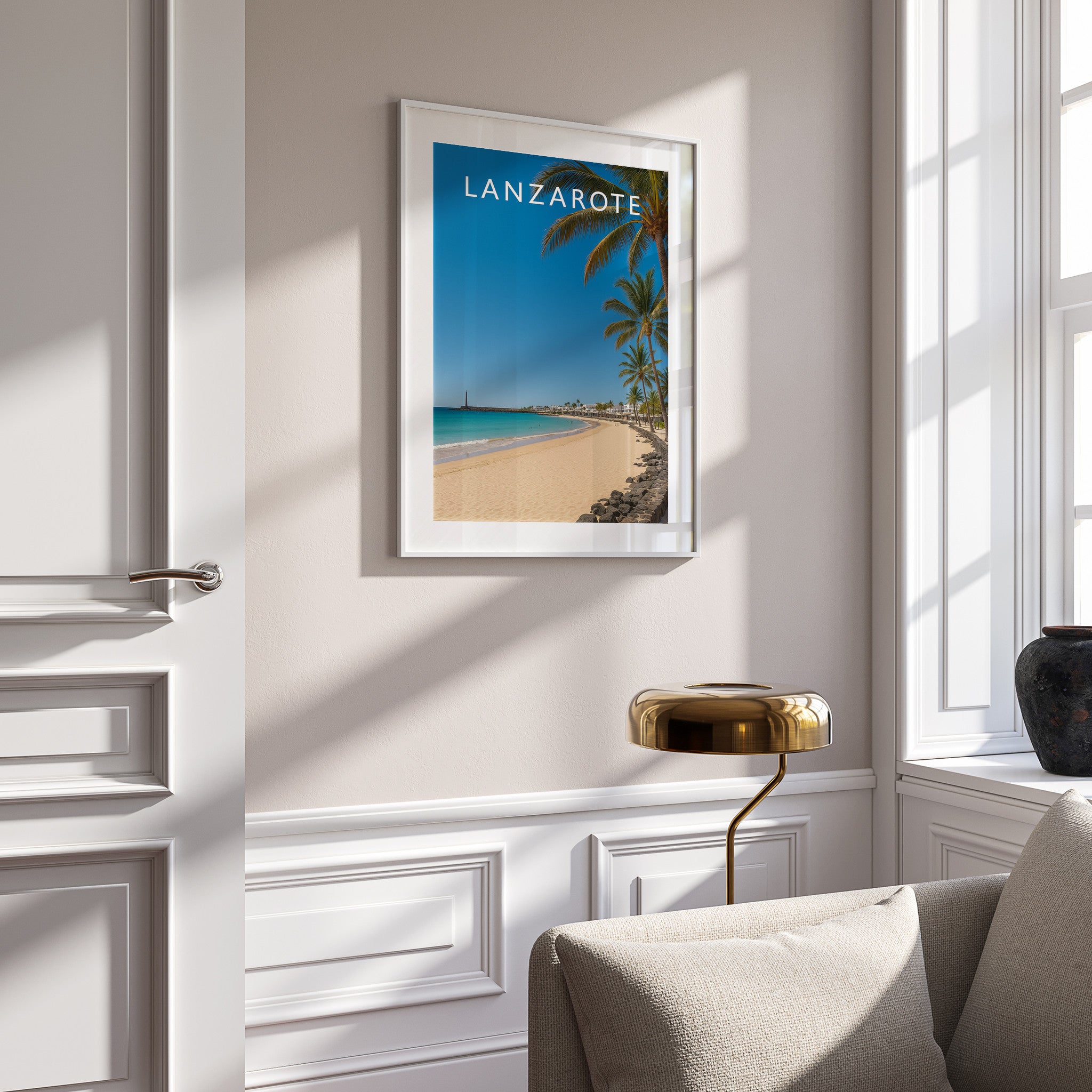 Lanzarote Travel Poster in a white frame on a panelled wall