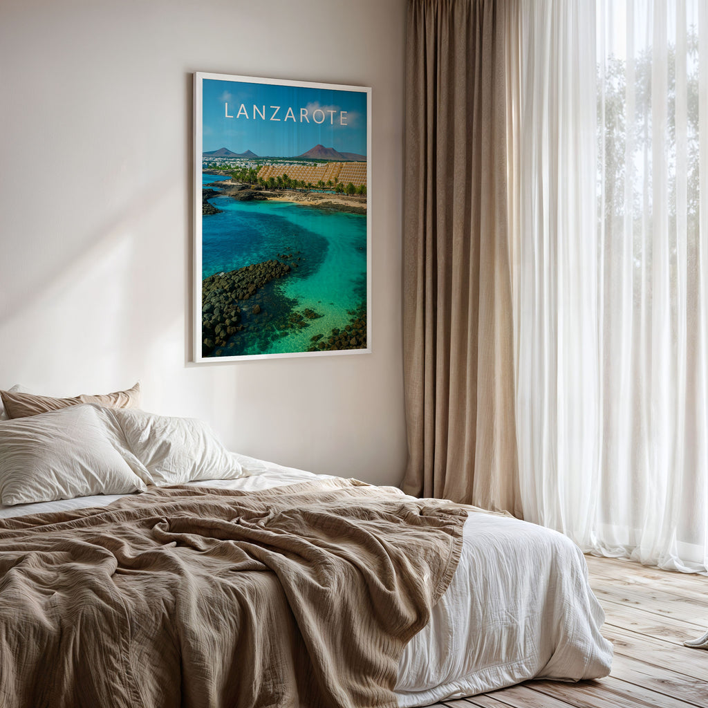Lanzarote #2 Travel Poster framed on a bedroom wall