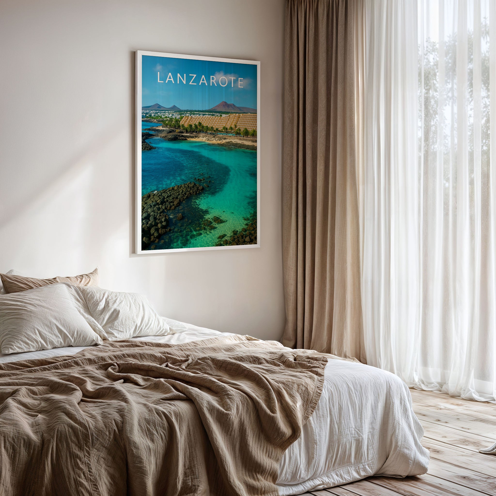 Lanzarote #2 Travel Poster framed on a bedroom wall