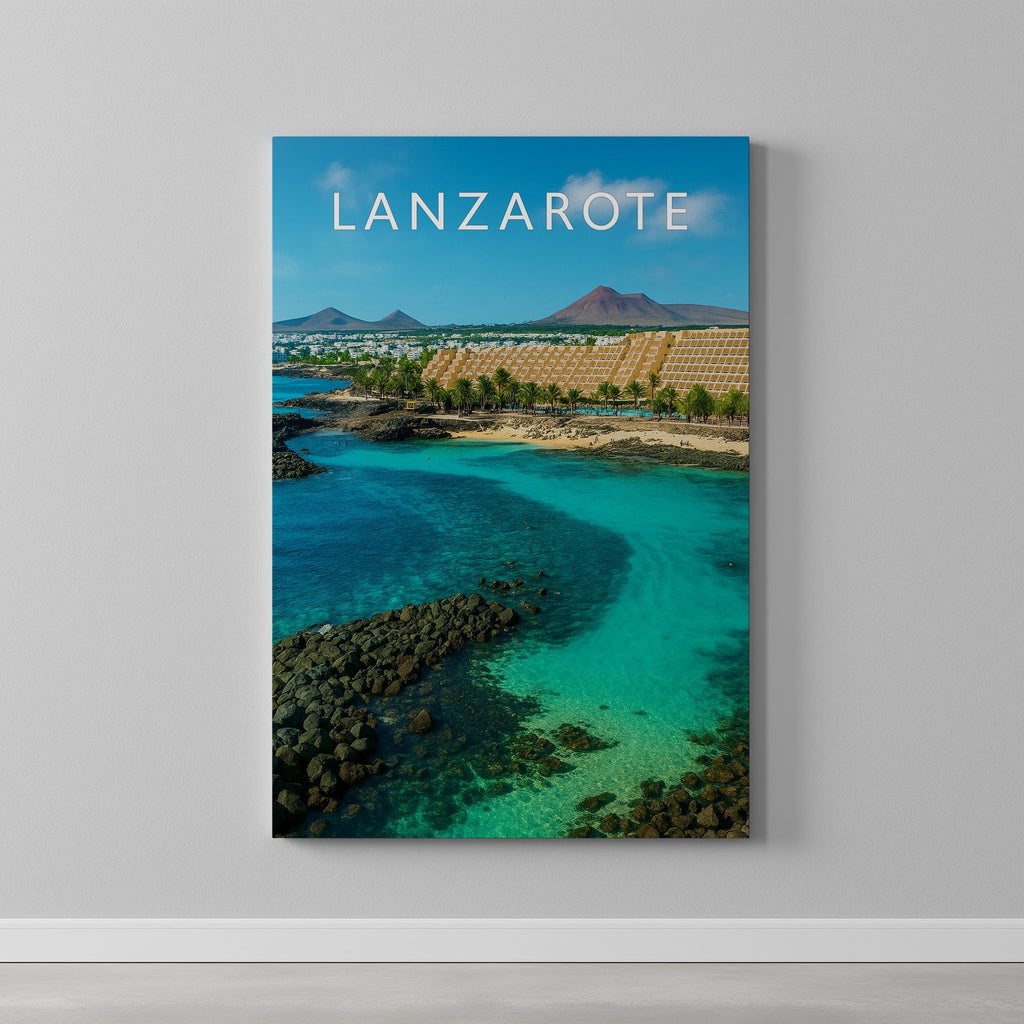 Lanzarote #2 Travel Poster as a gallery-wrapped canvas on a plain wall