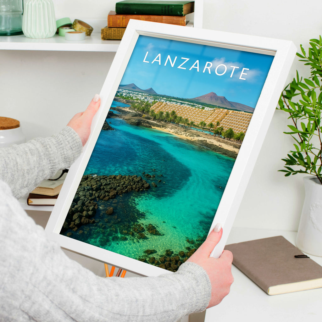 Lanzarote #2 Travel Poster in a white frame, held to show scale
