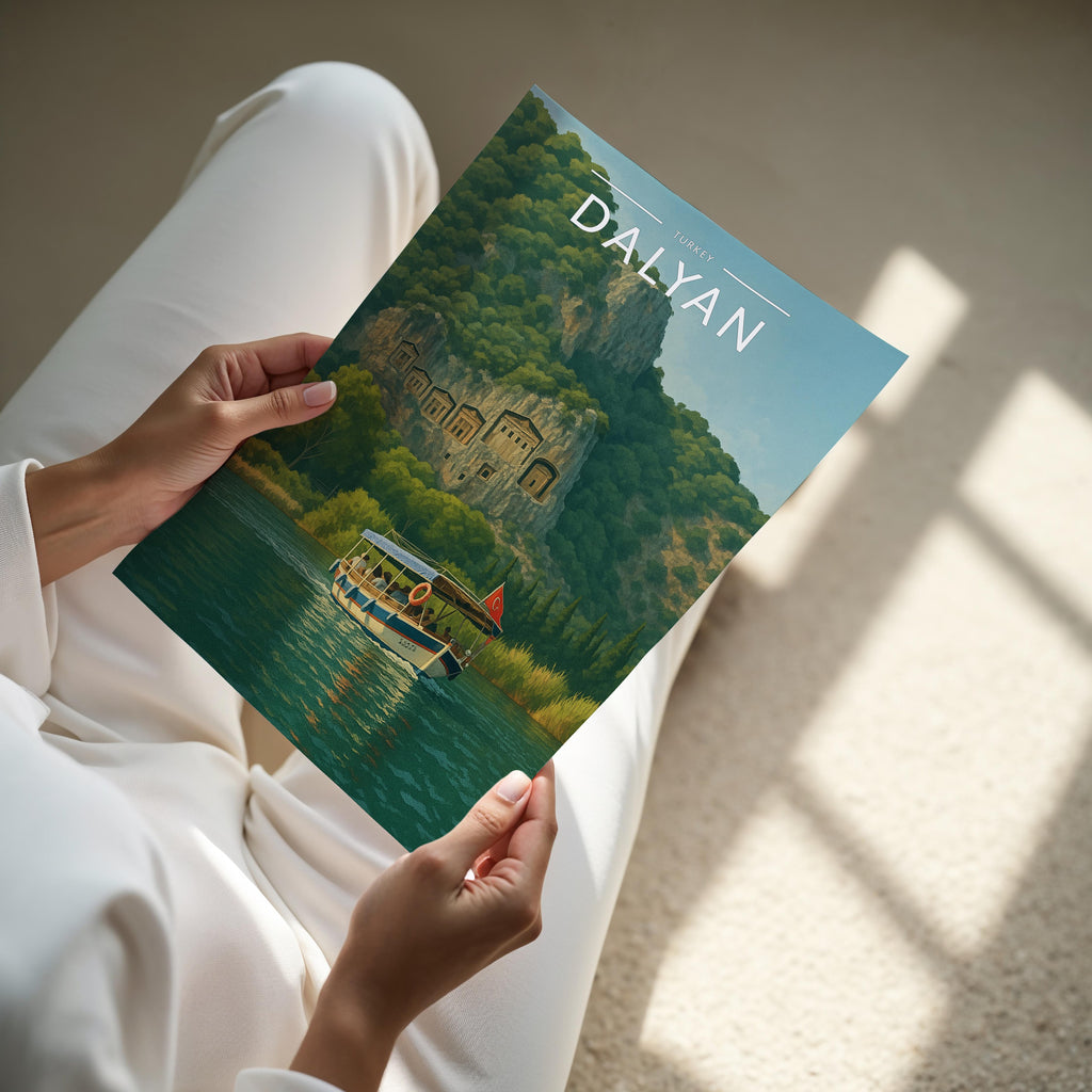 Dalyan Travel Poster - A4 print held in hand
