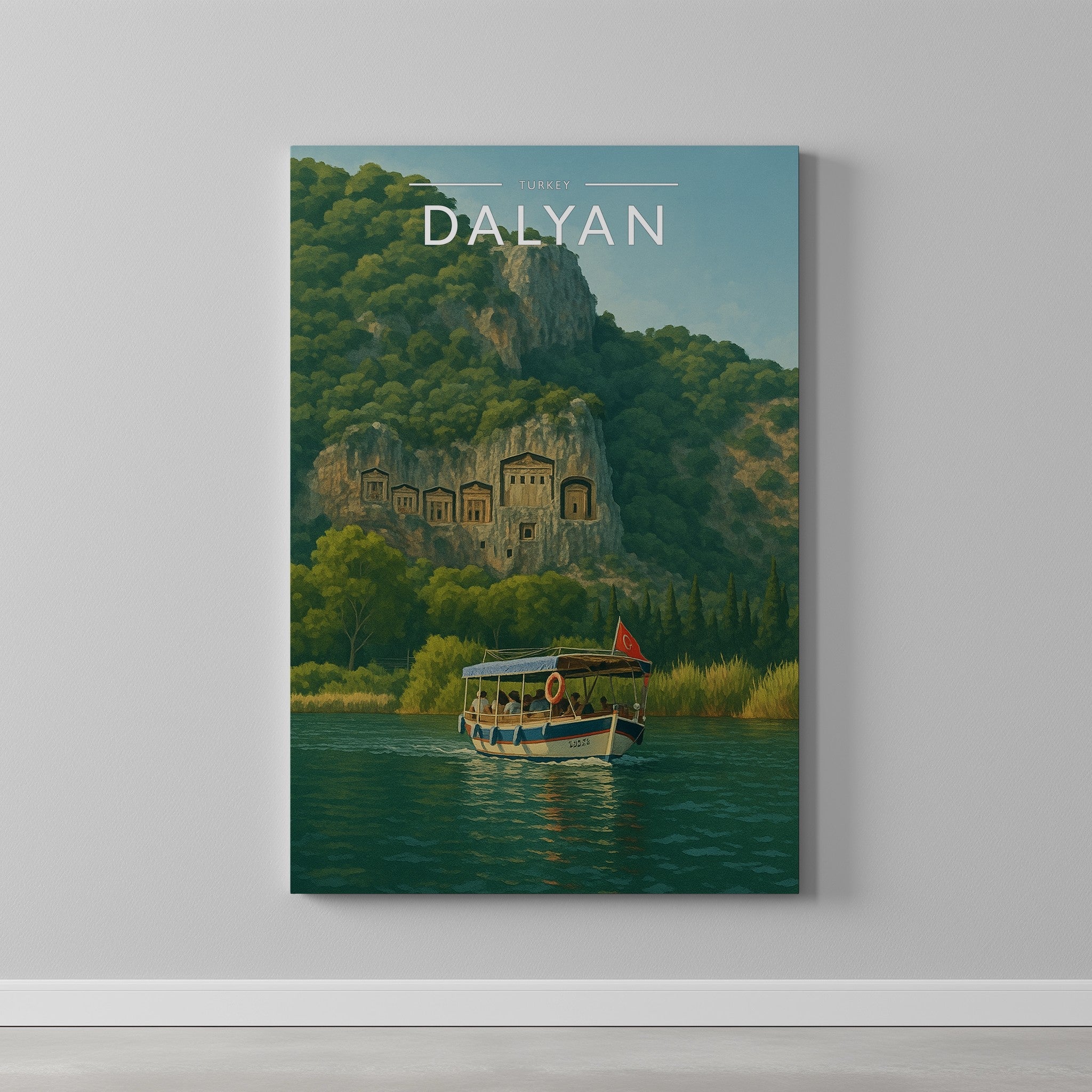 Dalyan Travel Poster as a gallery-wrapped canvas on a plain wall