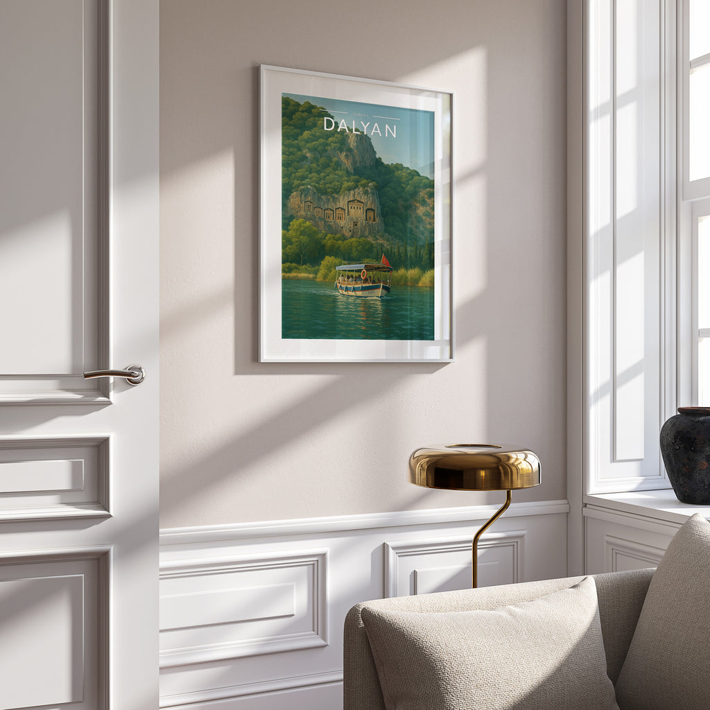 Dalyan Travel Poster in a white frame on a panelled wall
